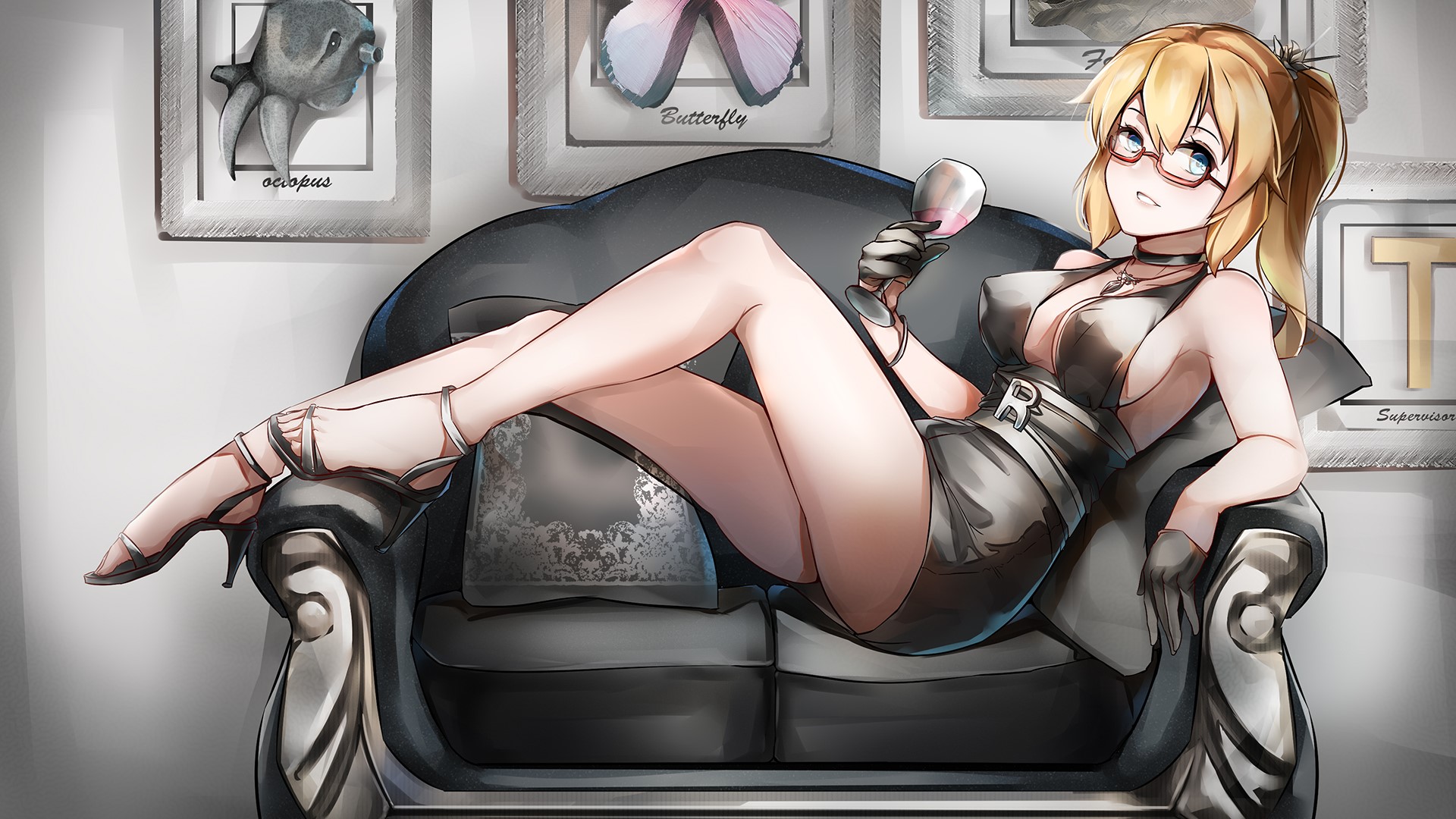 blonde, legs, cleavage, choker, gloves, drinking glass, HD Wallpaper