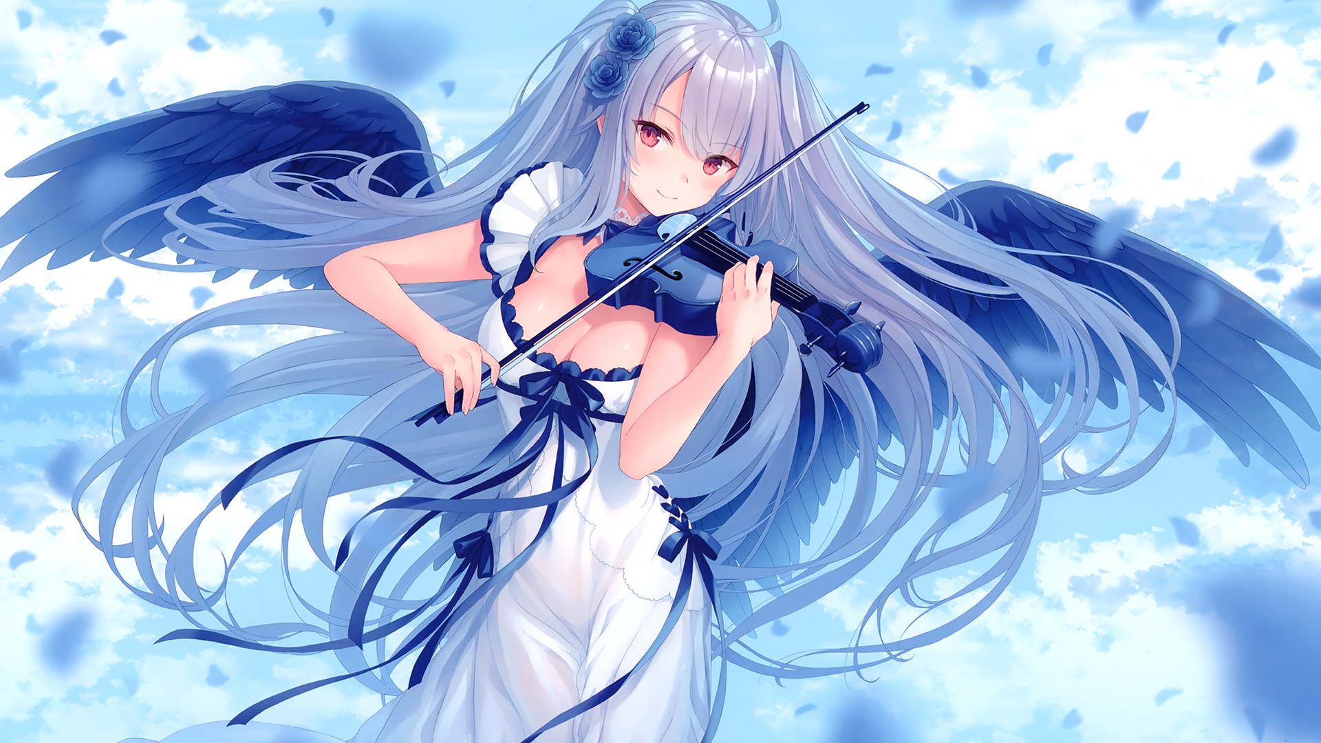 violin, wings, dress, cleavage, HD Wallpaper