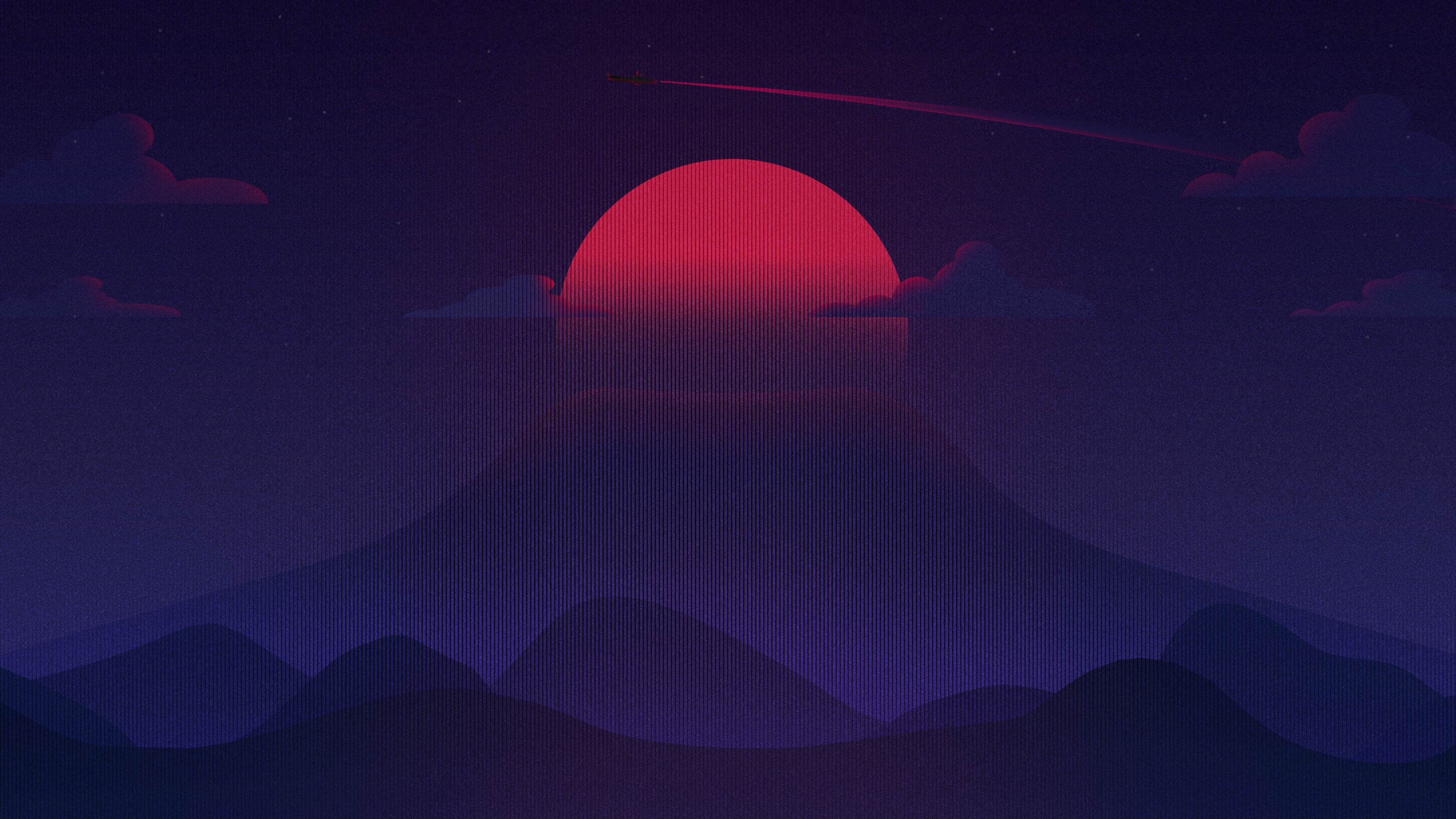 sunset, digital art, clouds, mountains, synthwave, vaporwave, Retrowave, HD Wallpaper