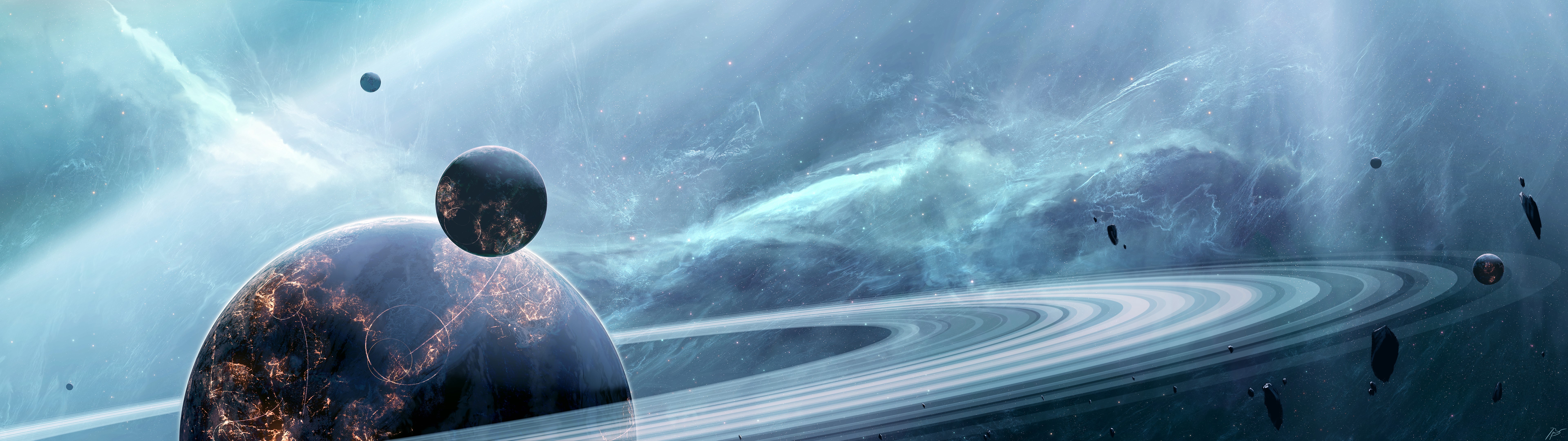 dual display, space art, JoeyJazz, planet, futuristic, planetary rings, nebula, trial motor, HD Wallpaper