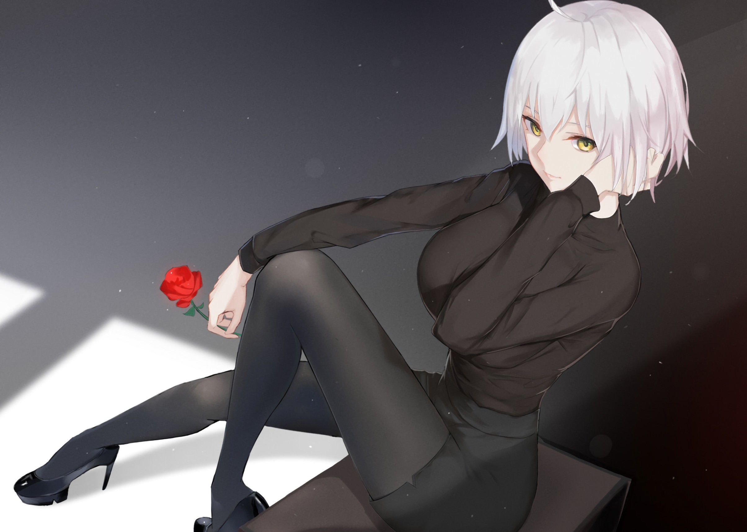 Jeanne (Alter) (Fate/Grand Order), Fate Series, Fate/Grand Order, Avenger (Fate/Grand Order), white hair, yellow eyes, anime girls, Mobile Game, short hair, rose, high heels, thigh-highs, HD Wallpaper