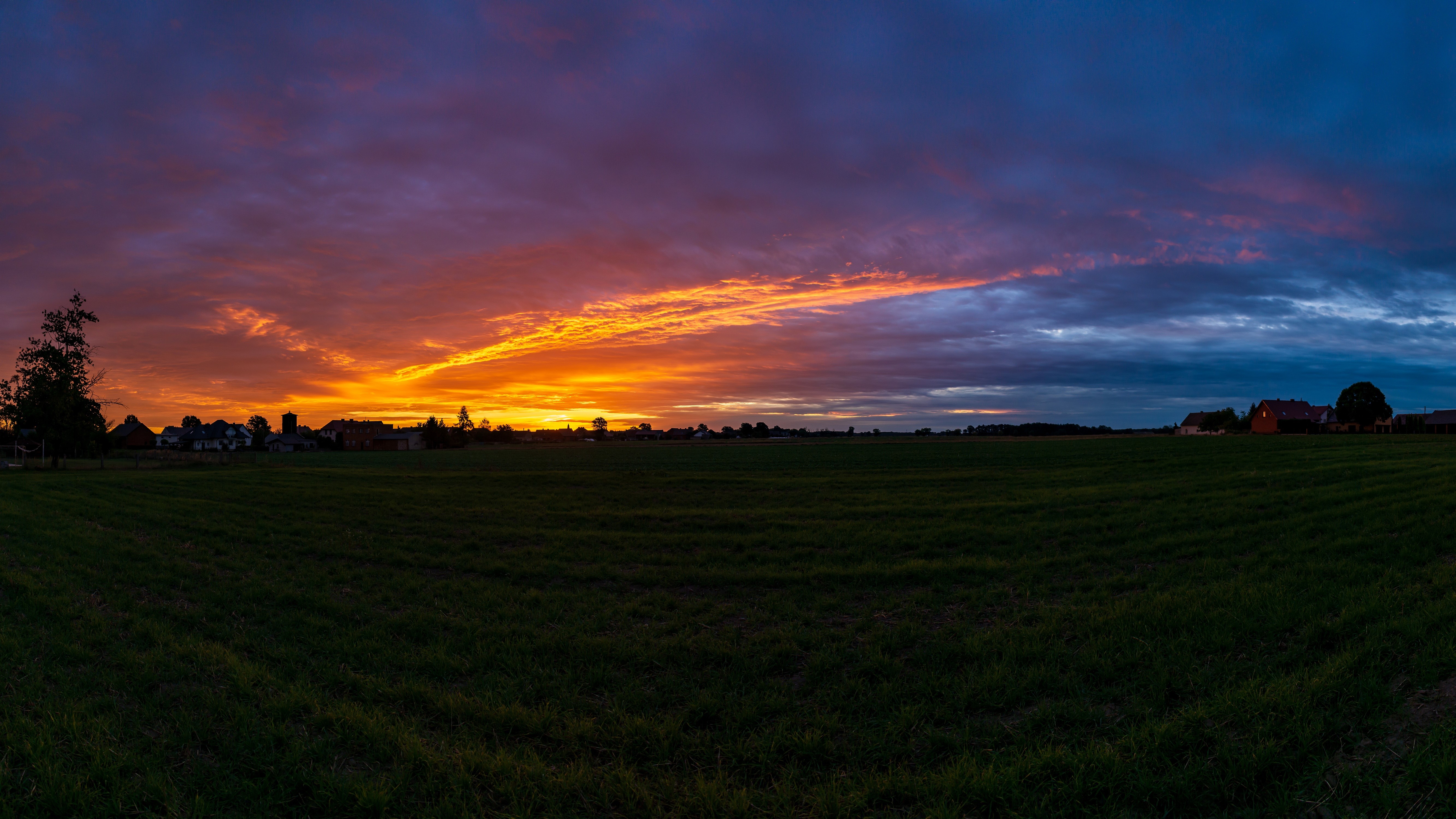 nature, landscape, orange sky, Poland, village, panorama, sunrise, HD Wallpaper
