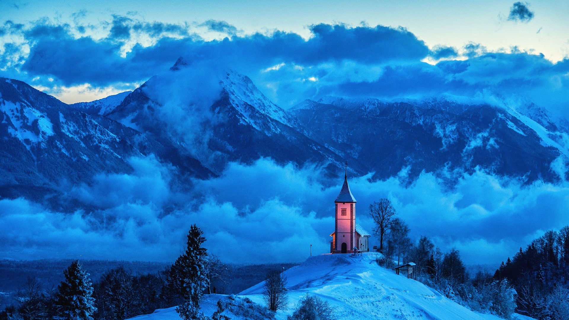 landscape, mountains, church, mist, winter, clouds, hills, Slovenia, snowy peak, cyan, blue, HD Wallpaper
