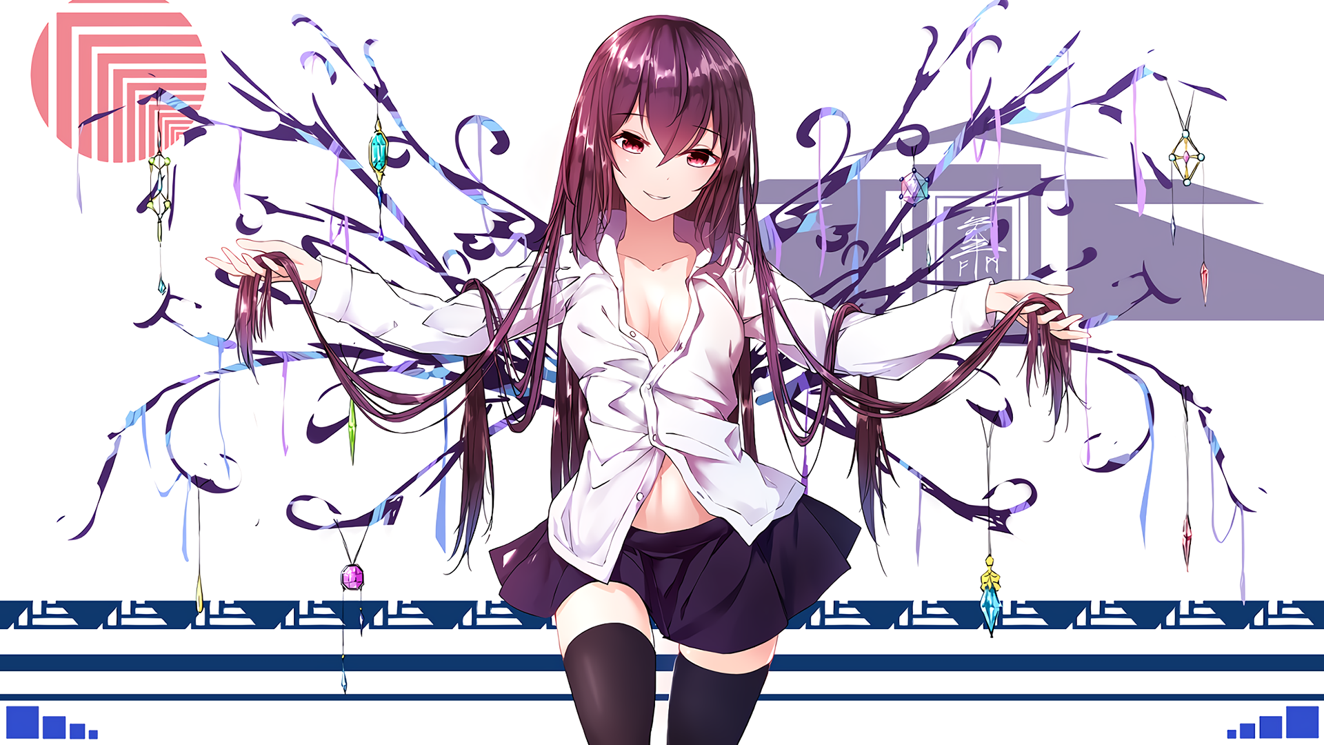 skirt, long hair, purple eyes, thigh-highs, cleavage, anime girls, HD Wallpaper