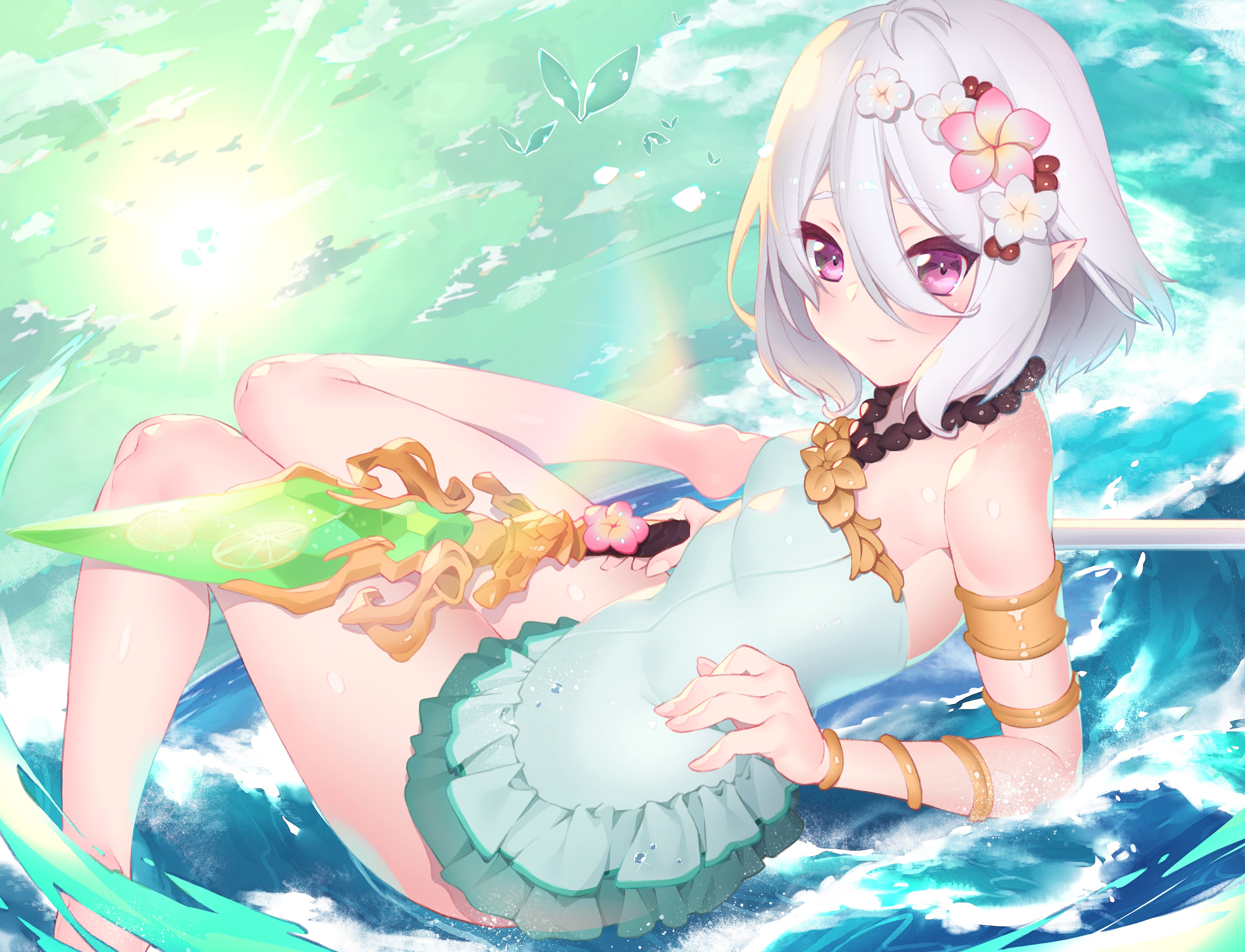 Kokkoro (Princess Connect), white hair, water, wet, blush, purple eyes, weapon, short hair, clouds, flowers, pointed ears, necklace, sky, anime girls, HD Wallpaper