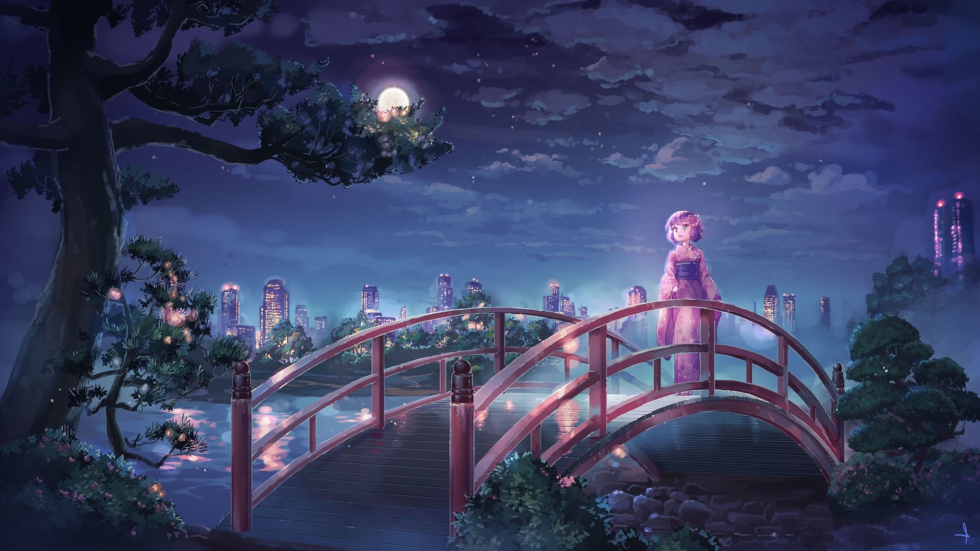 anime, anime girls, bridge, city, night, Moon, trees, artwork, digital art, HD Wallpaper