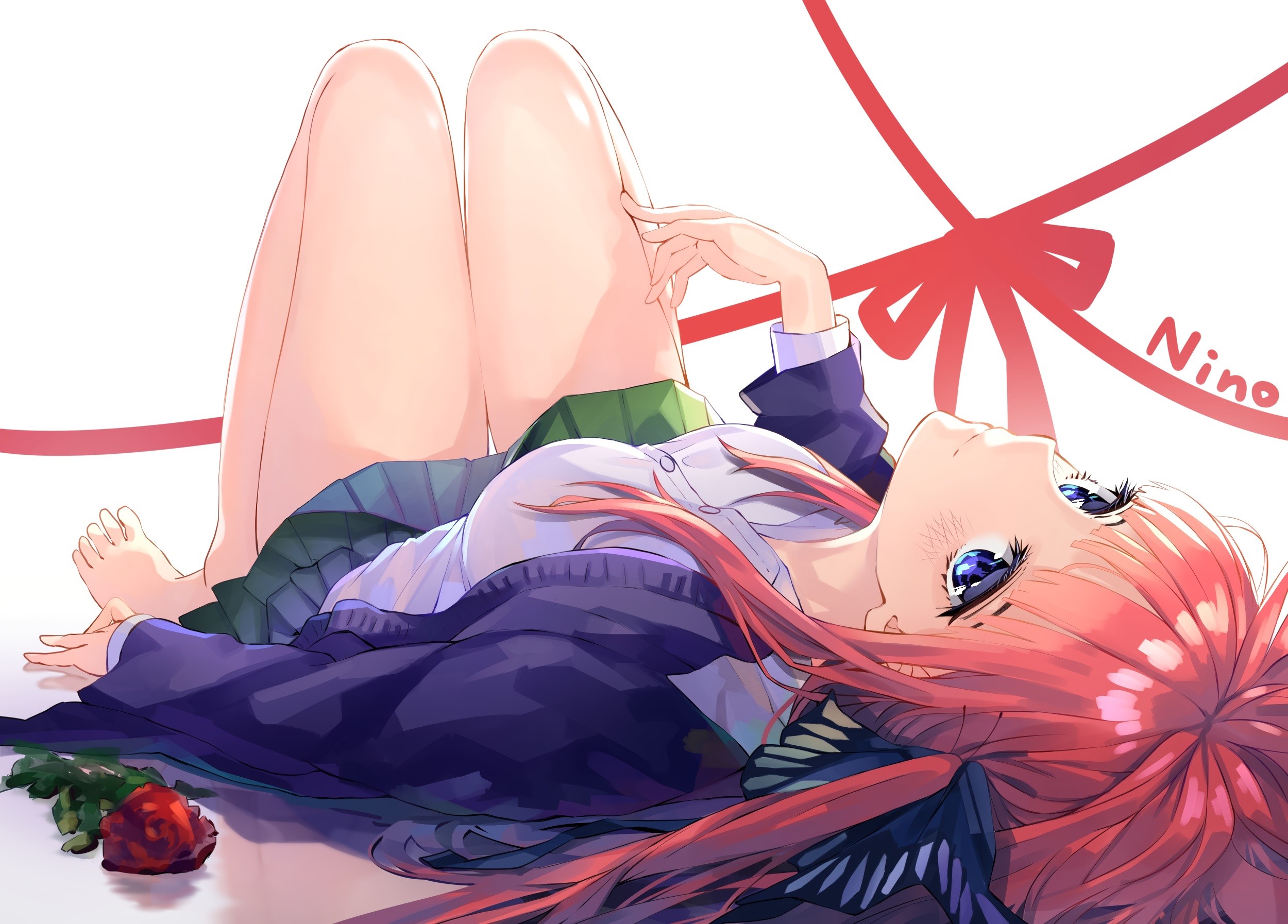 Nakano Nino, barefoot, blue eyes, long hair, redhead, thigh-highs, skirt, flowers, school uniform, rose, 5-toubun no Hanayome, HD Wallpaper