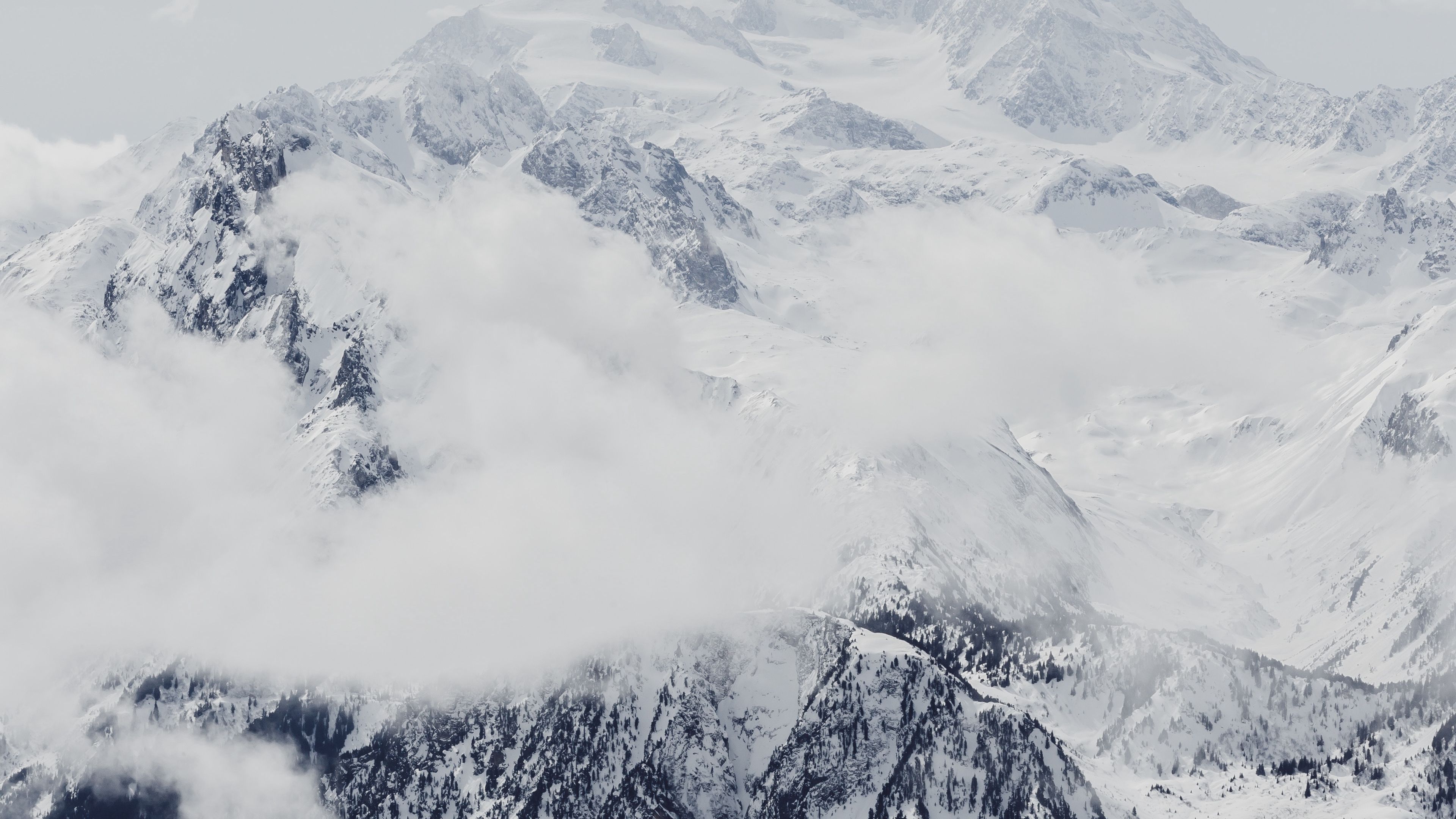 mountain, snow, peak, fog, clouds, white, 4k, HD Wallpaper