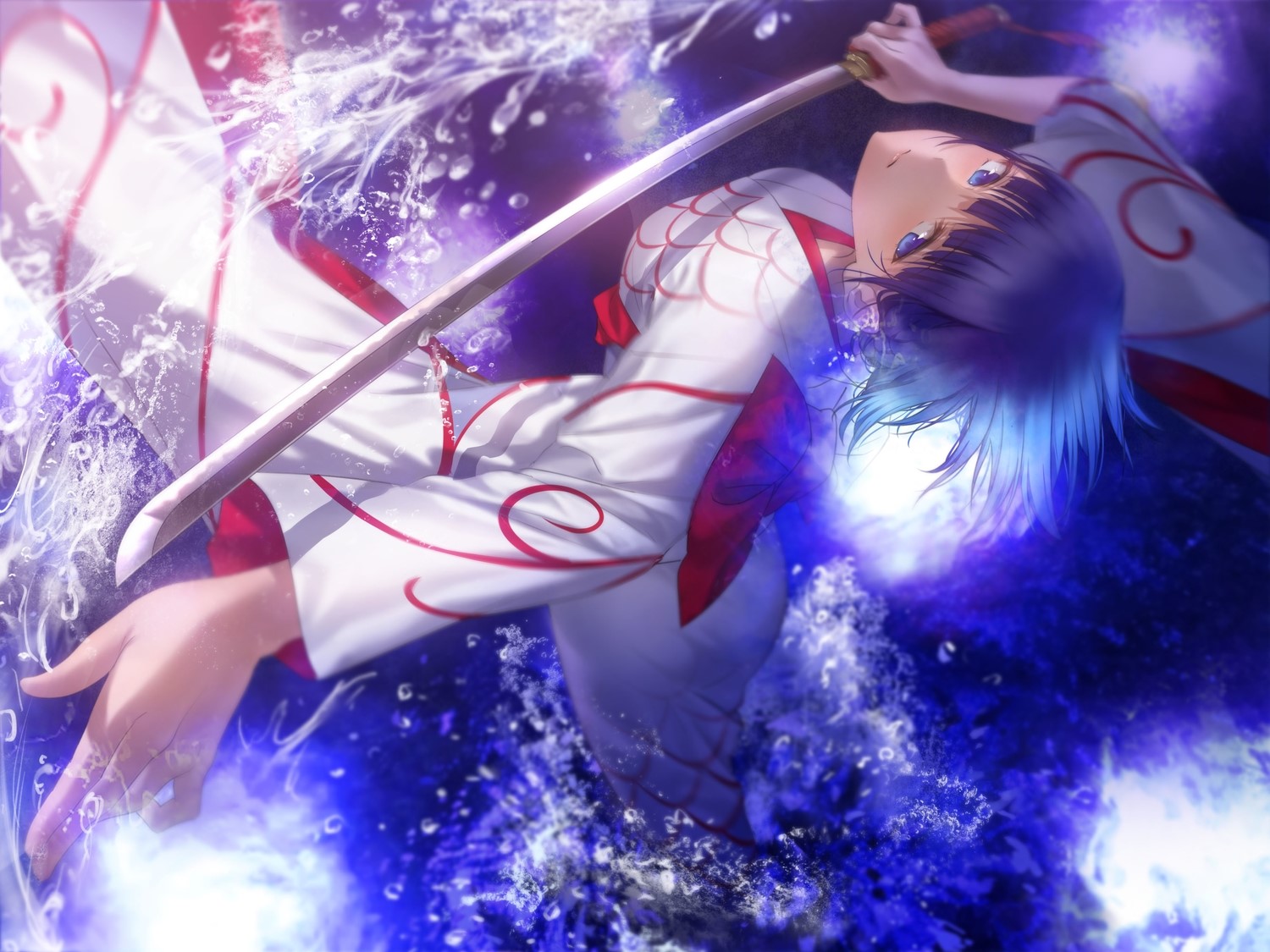 blue eyes, blue hair, kimono, katana, Japanese clothes, water, weapon, sword, HD Wallpaper