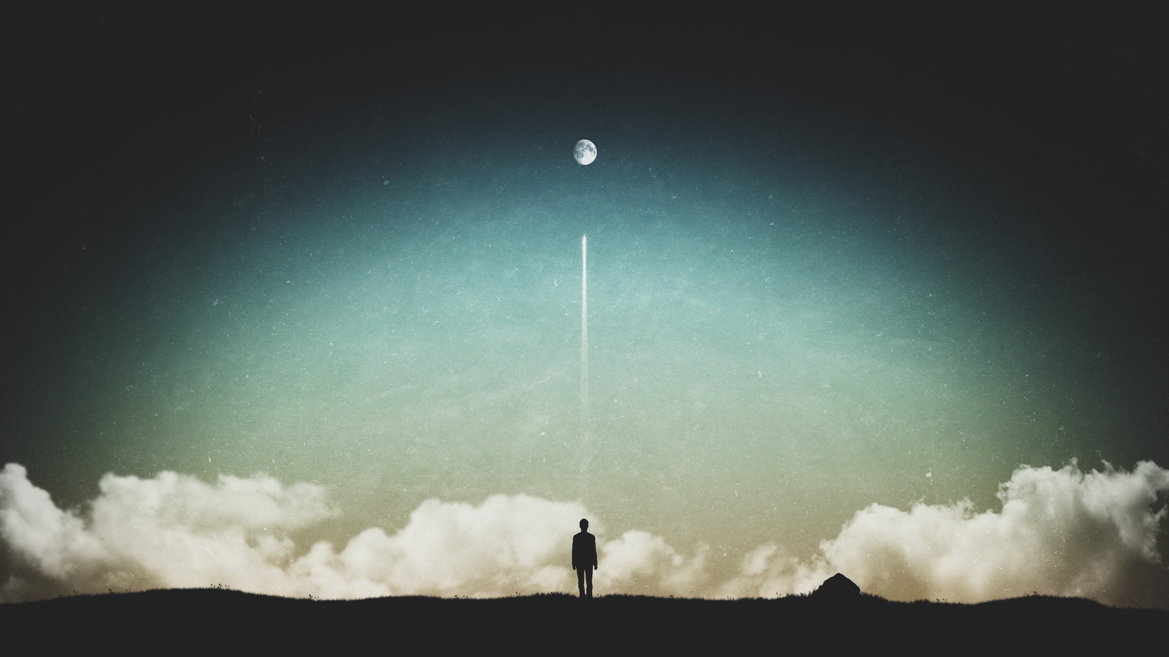 digital, digital art, artwork, illustration, landscape, fantasy art, planet, clouds, dark, silhouette, nature, outdoors, men outdoors, alone, loneliness, Moon, horizon, environment, concept art, sky, skyscape, space, HD Wallpaper