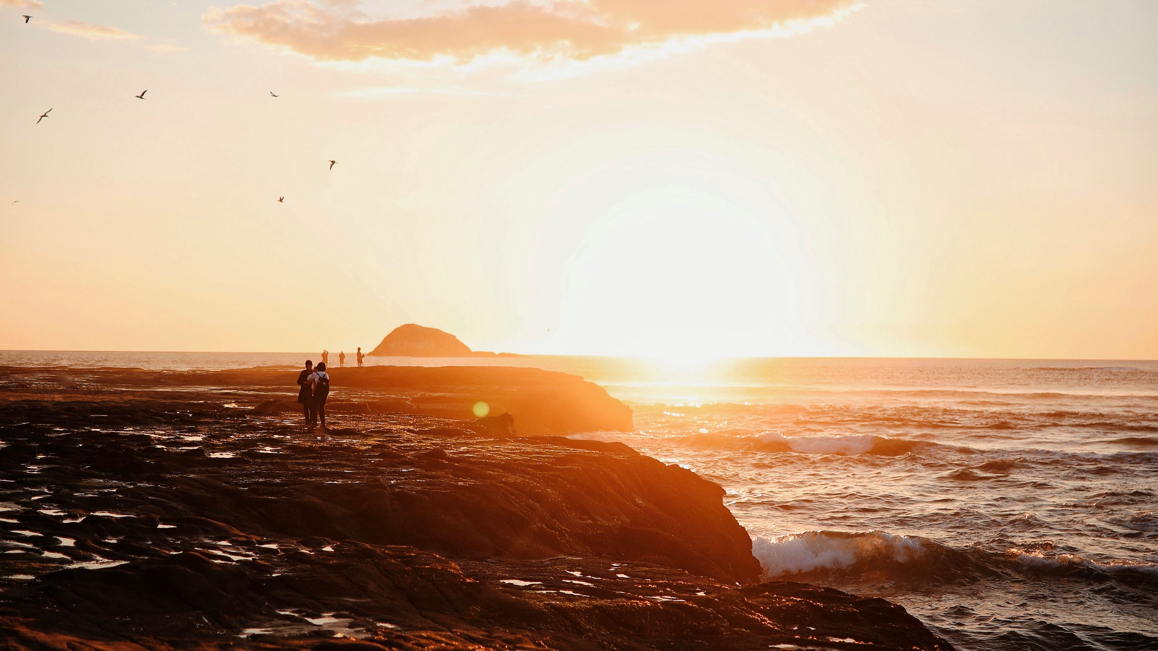 shore, sea, sunset, silhouettes, clouds, surf, 4k, HD Wallpaper