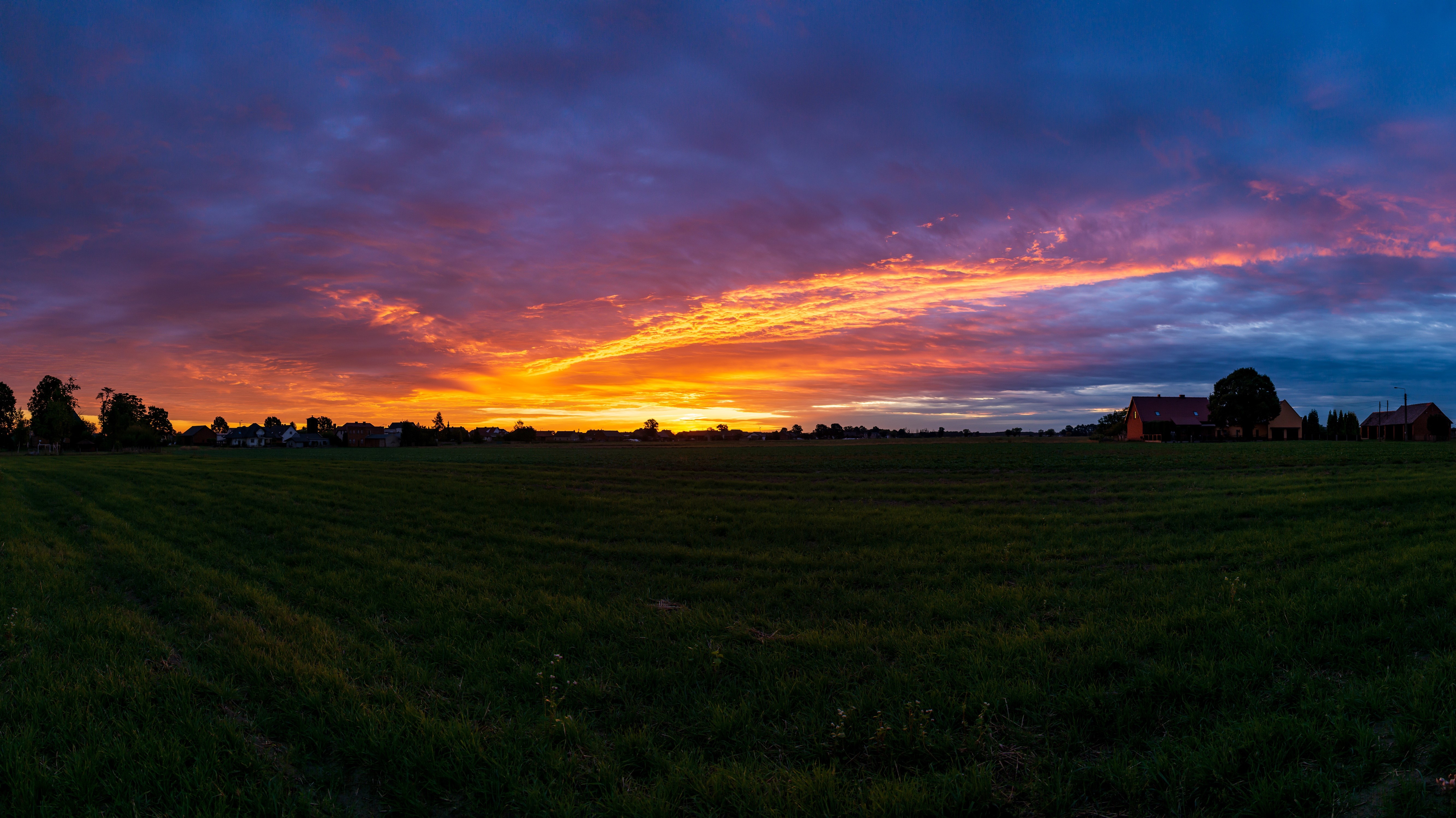 nature, landscape, orange sky, sunrise, Poland, village, vacation, HD Wallpaper