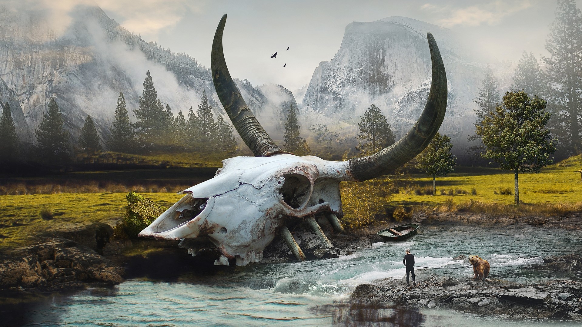 artwork, fantasy art, skull, animals, river, nature, mountains, trees, horns, bears, boat, fossils, HD Wallpaper