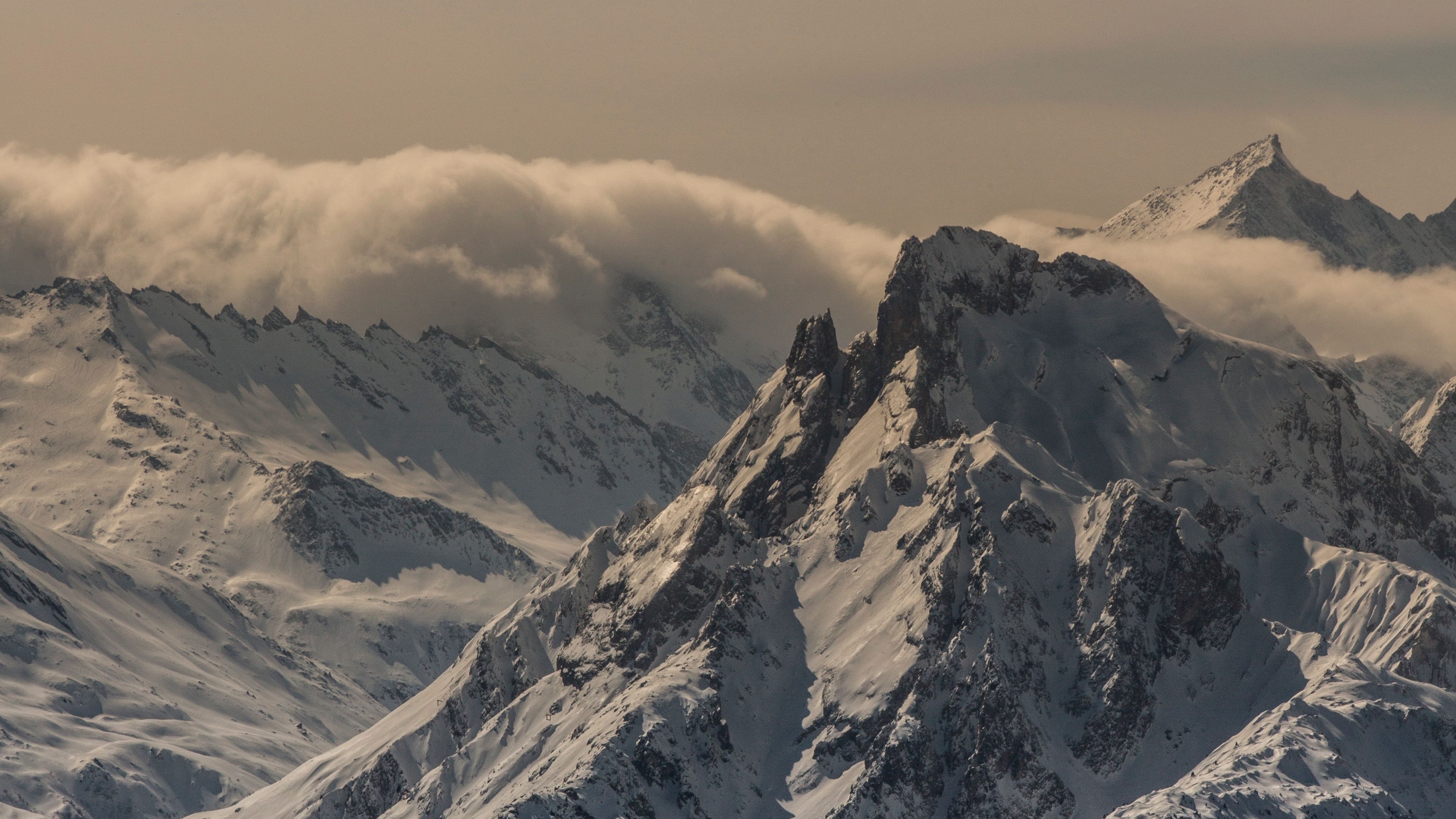 mountain, peak, snow, snowy, twilight, france, 4k, HD Wallpaper