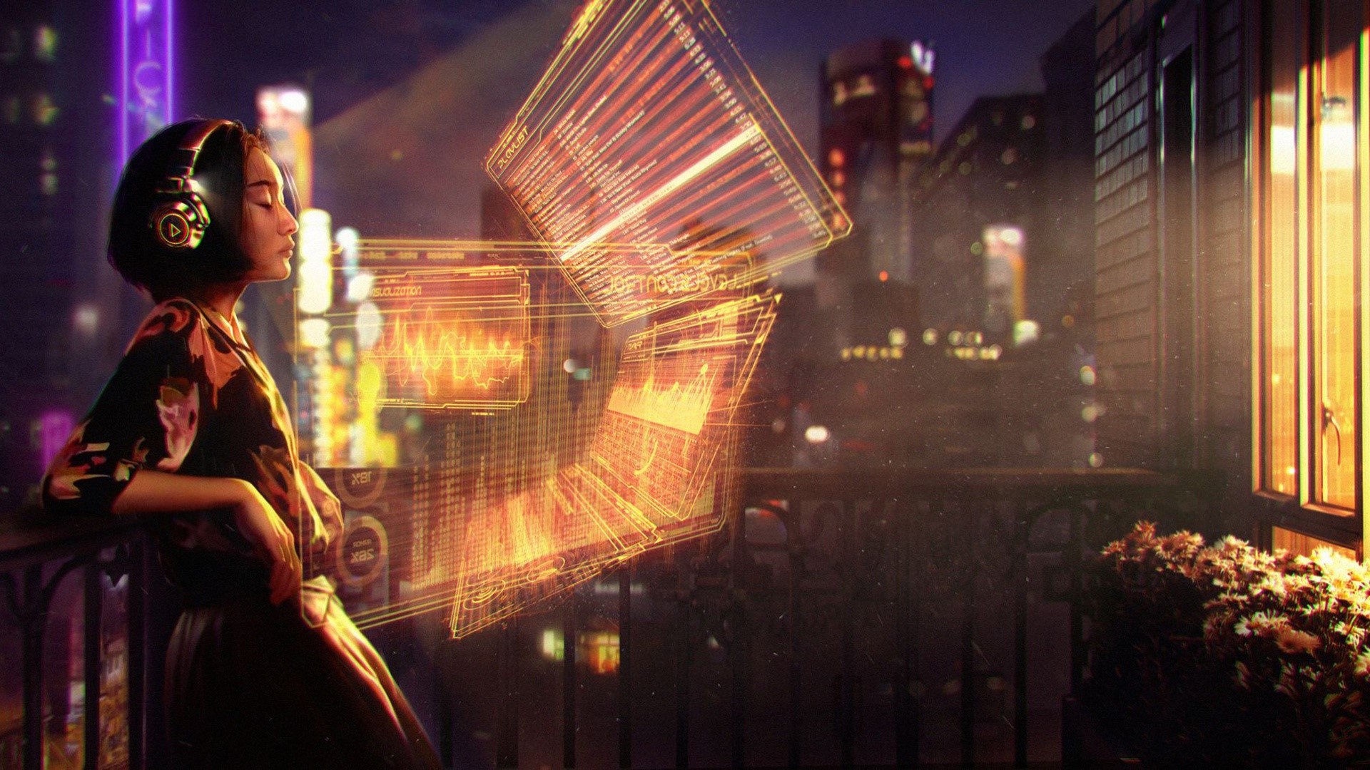 Asian, futuristic, women, artwork, headphones, closed eyes, technology, HD Wallpaper