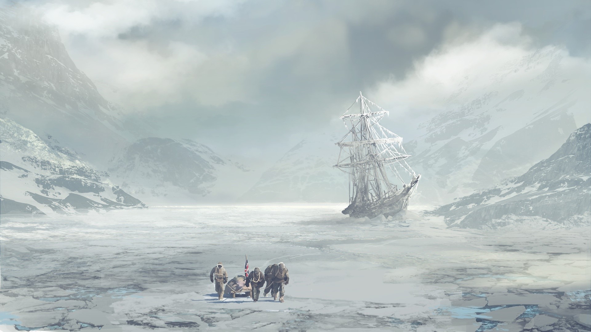artwork, Arctic, ship, ice, nature, landscape, HD Wallpaper