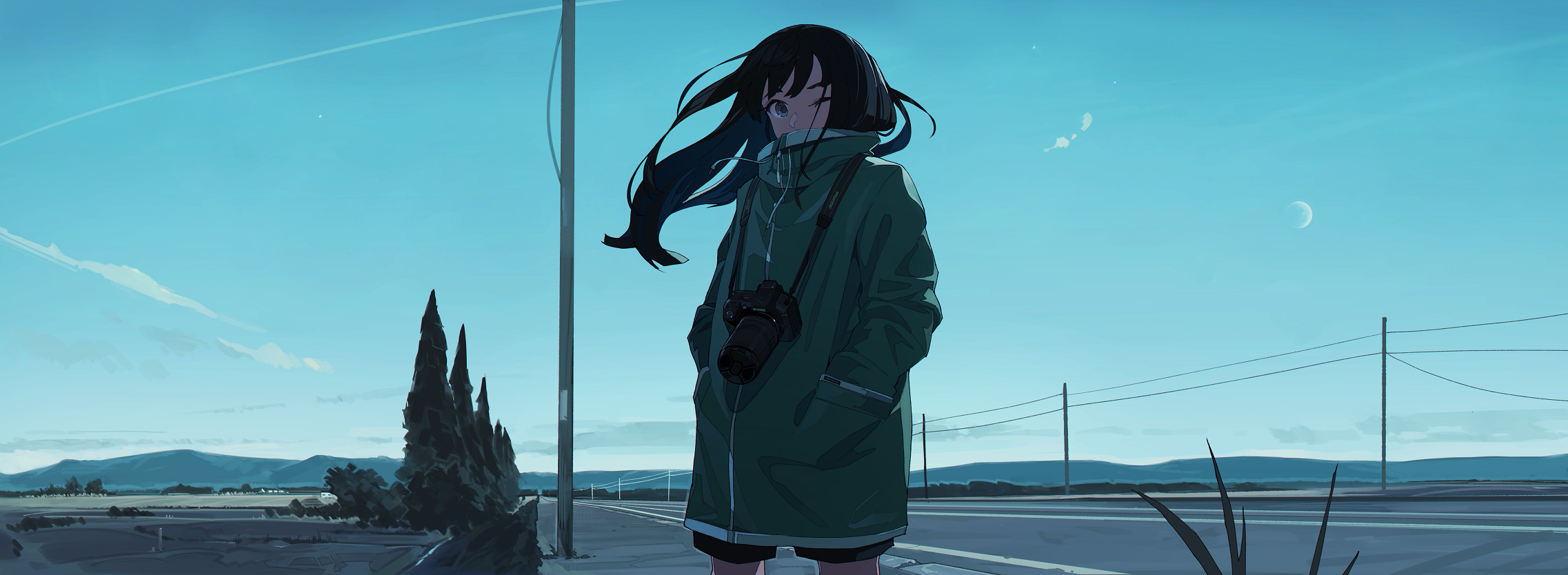 Moon, cold, camera, wind, black hair, blue eyes, road, HD Wallpaper