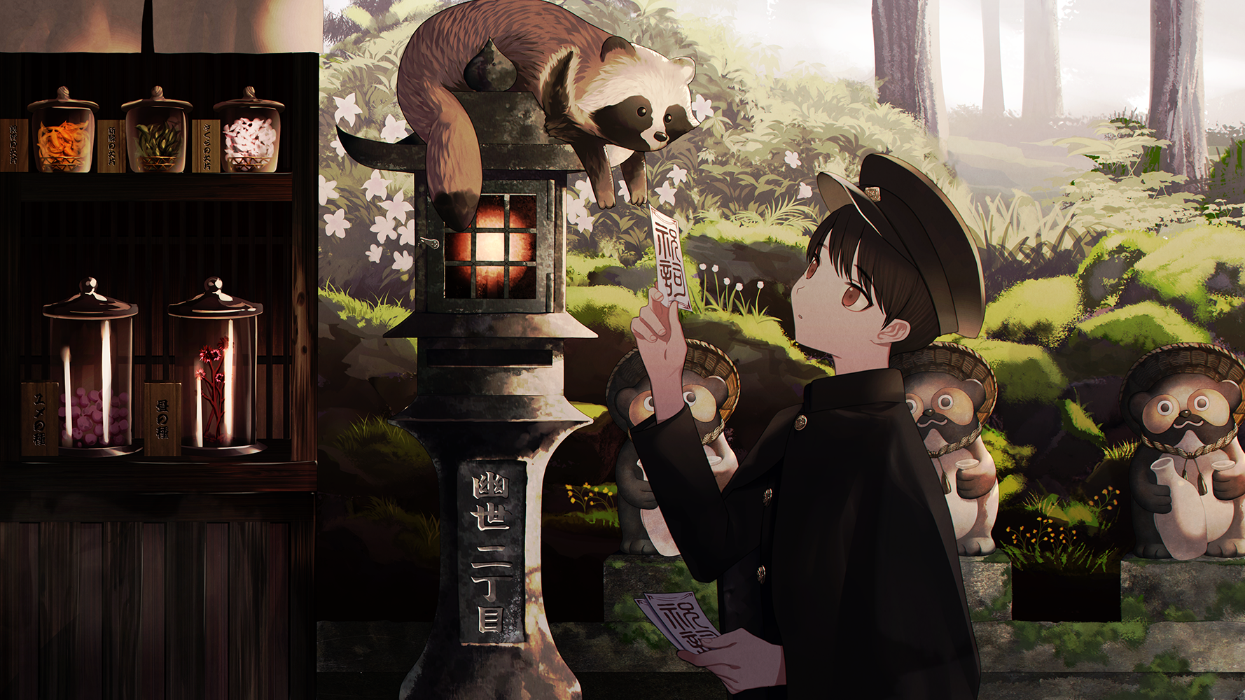 Male, tanuki, nature, lantern, shrine, animals, HD Wallpaper