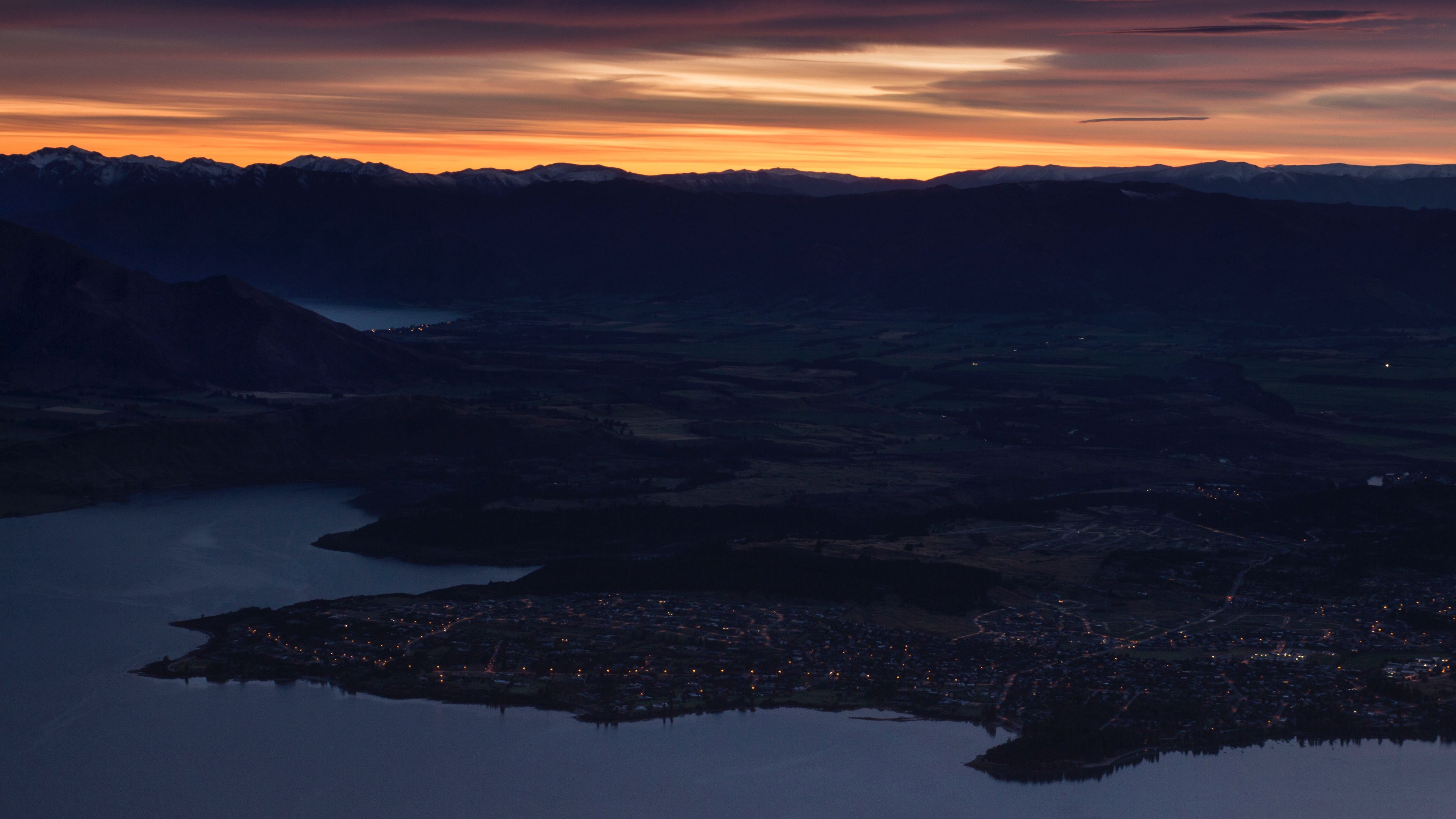 mountains, aerial view, sunset, city, new zealand, 4k, HD Wallpaper
