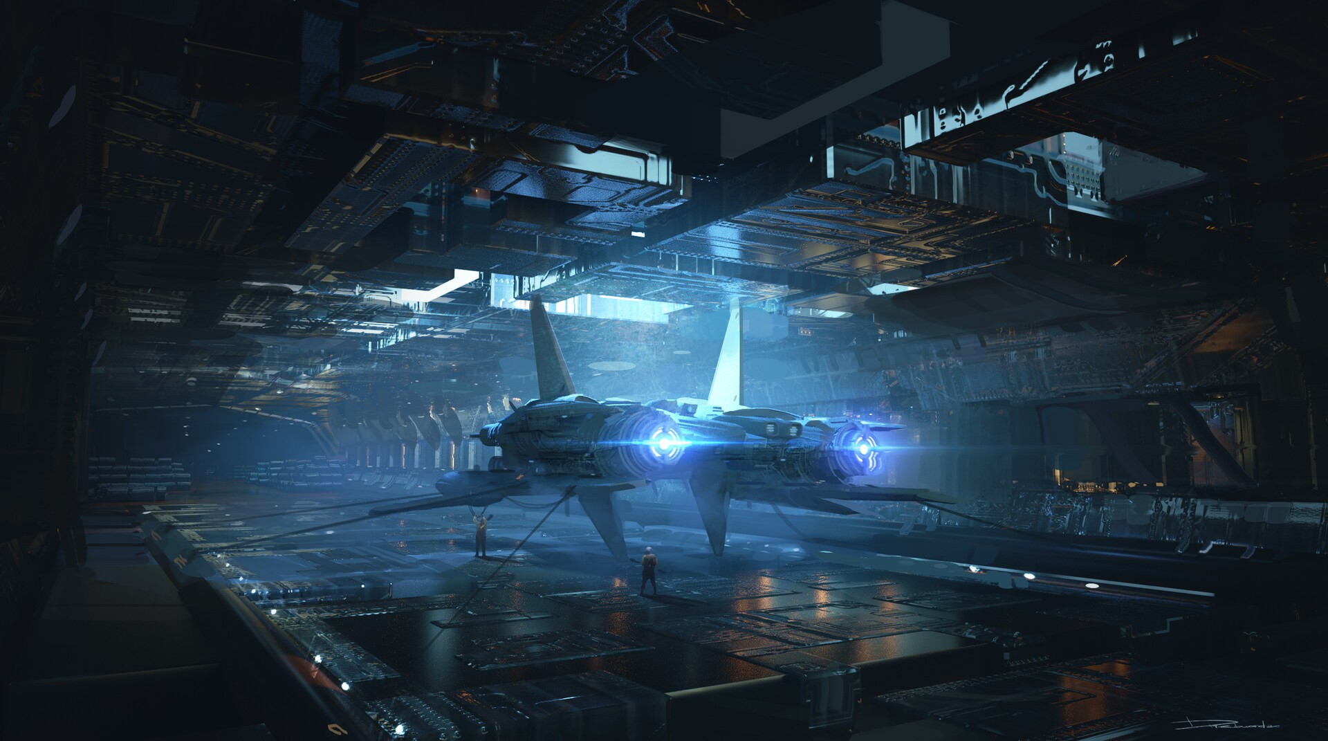Nana Dhebuadze, artwork, futuristic, aircraft, hangar, digital art, HD Wallpaper