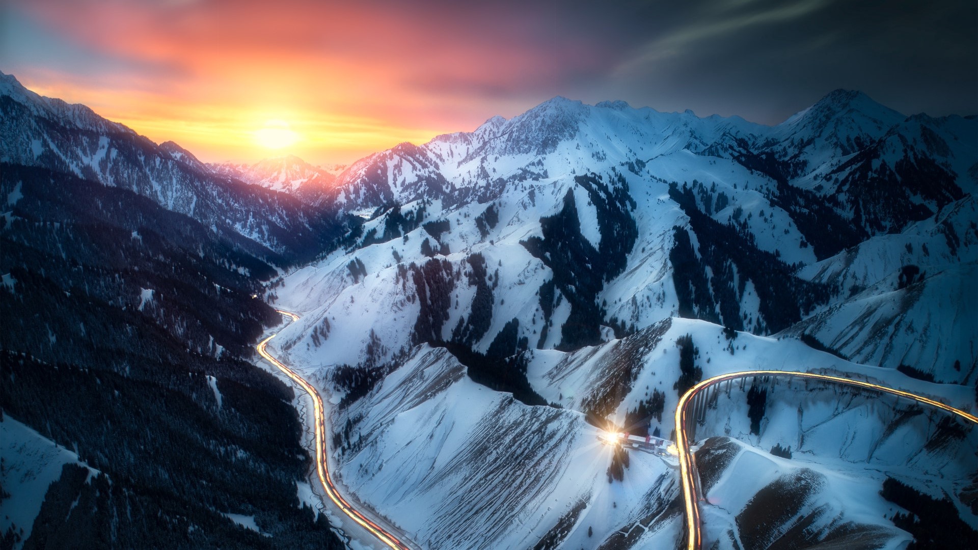 mountains, aerial view, road, sunset, Sun, snow, long exposure, HD Wallpaper