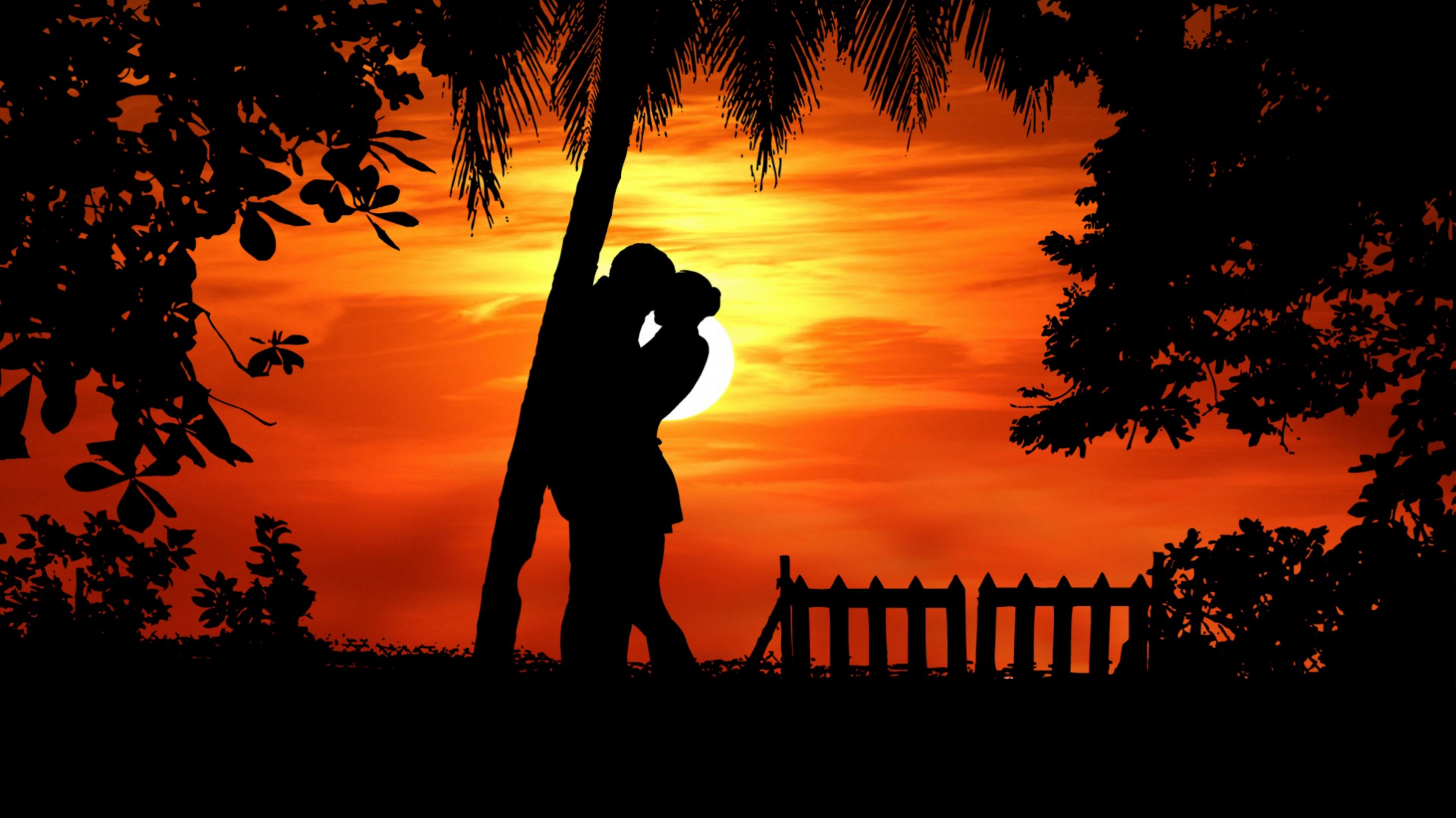 couple, silhouettes, hugs, romance, love, tropics, 4k, HD Wallpaper