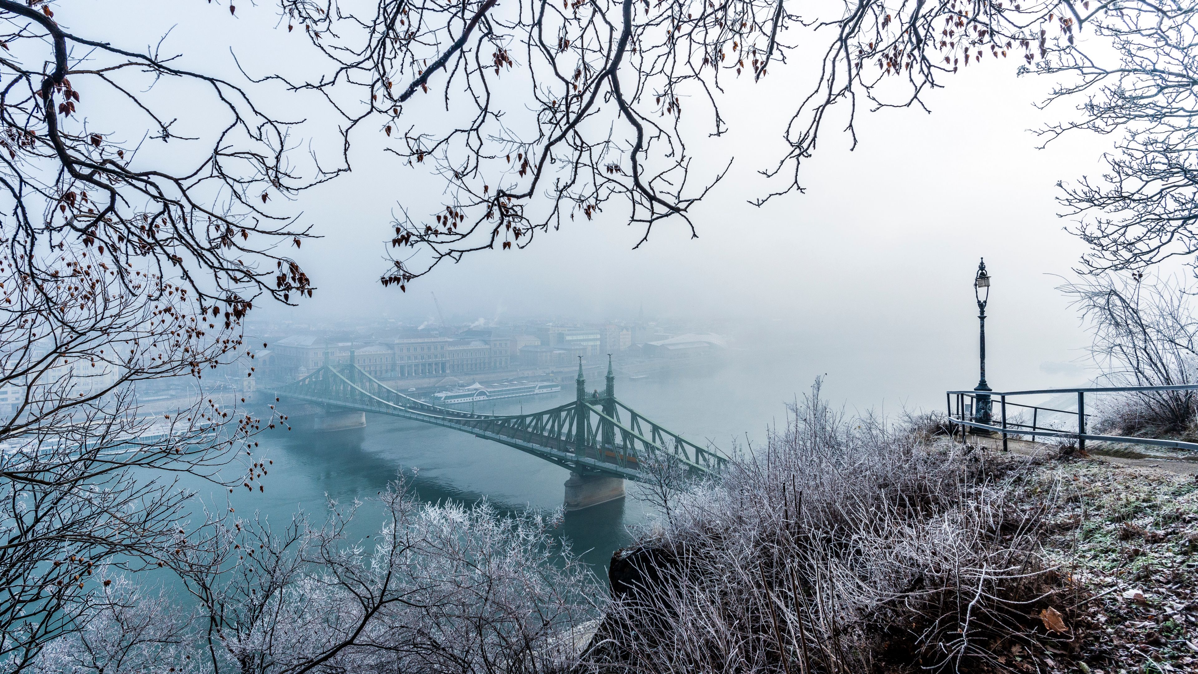 bridge, fog, aerial view, branches, frost, snow, winter, budapest, hungary, 4k, HD Wallpaper