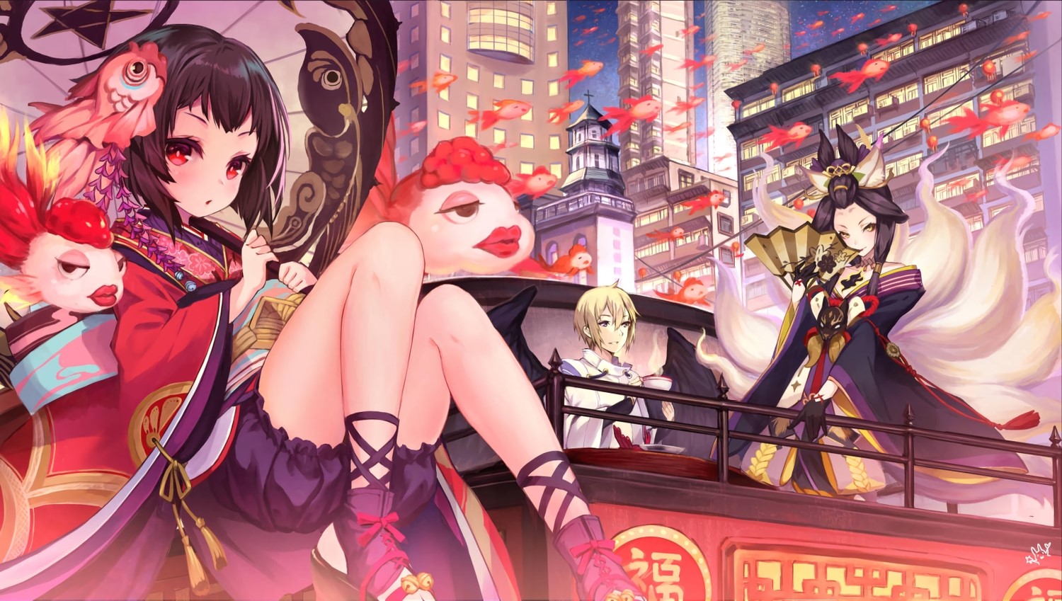kagura (Onmyouji), animal ears, bell, black hair, red eyes, short hair, loli, umbrella, HD Wallpaper