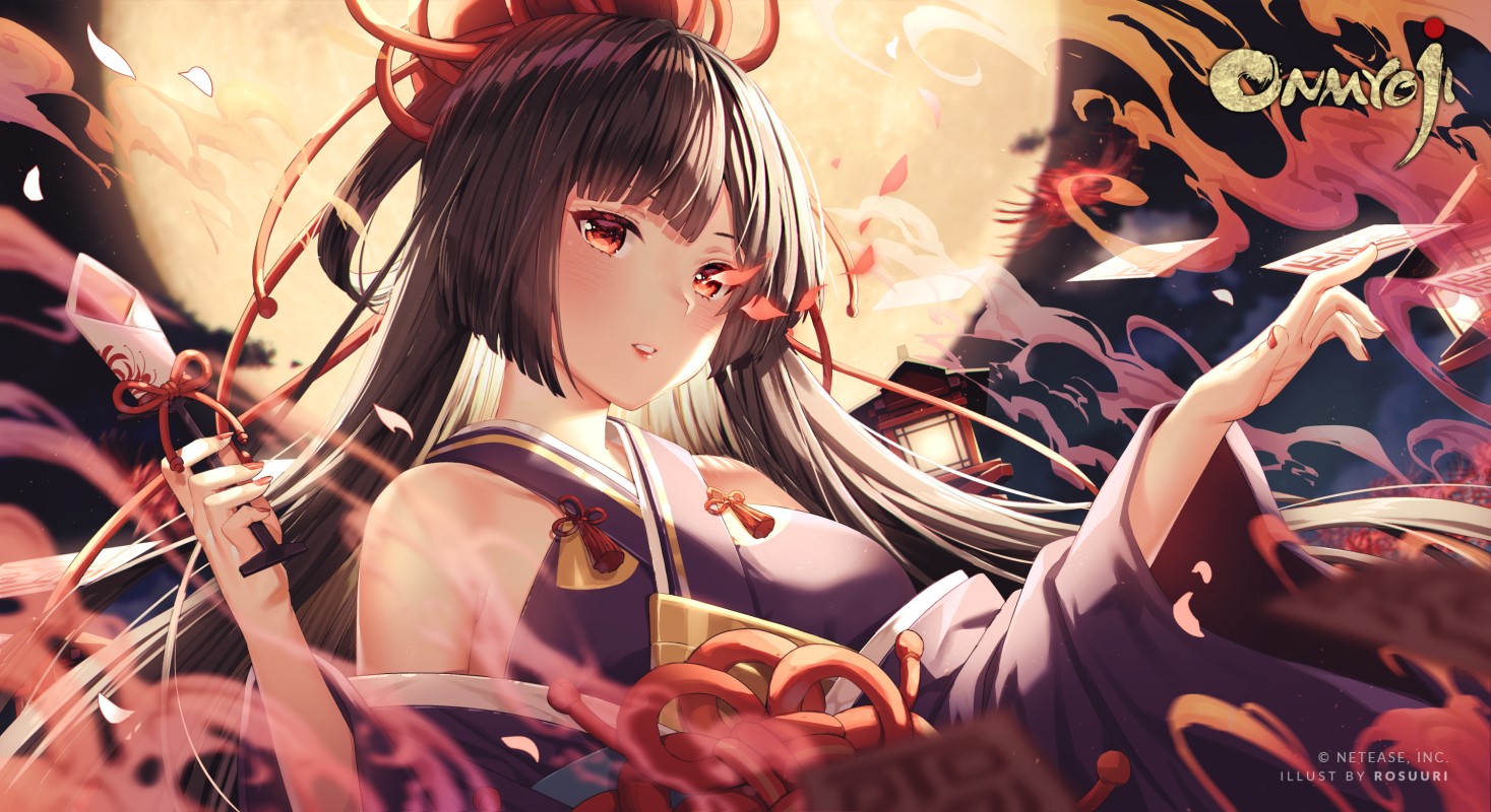 Onmyouji, Higanbana (Onmyouji), black hair, Japanese clothes, Moon, petals, night, blush, red eyes, sky, twintails, clouds, HD Wallpaper