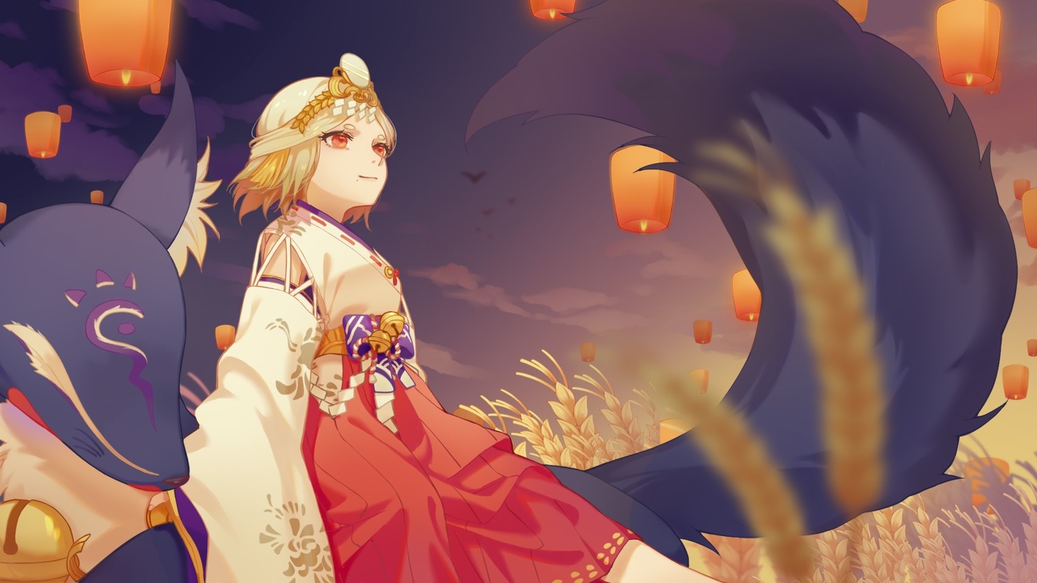 Miketsu (Onmyouji), bell, clouds, fox, white hair, red eyes, sky, kimono, short hair, headdress, HD Wallpaper