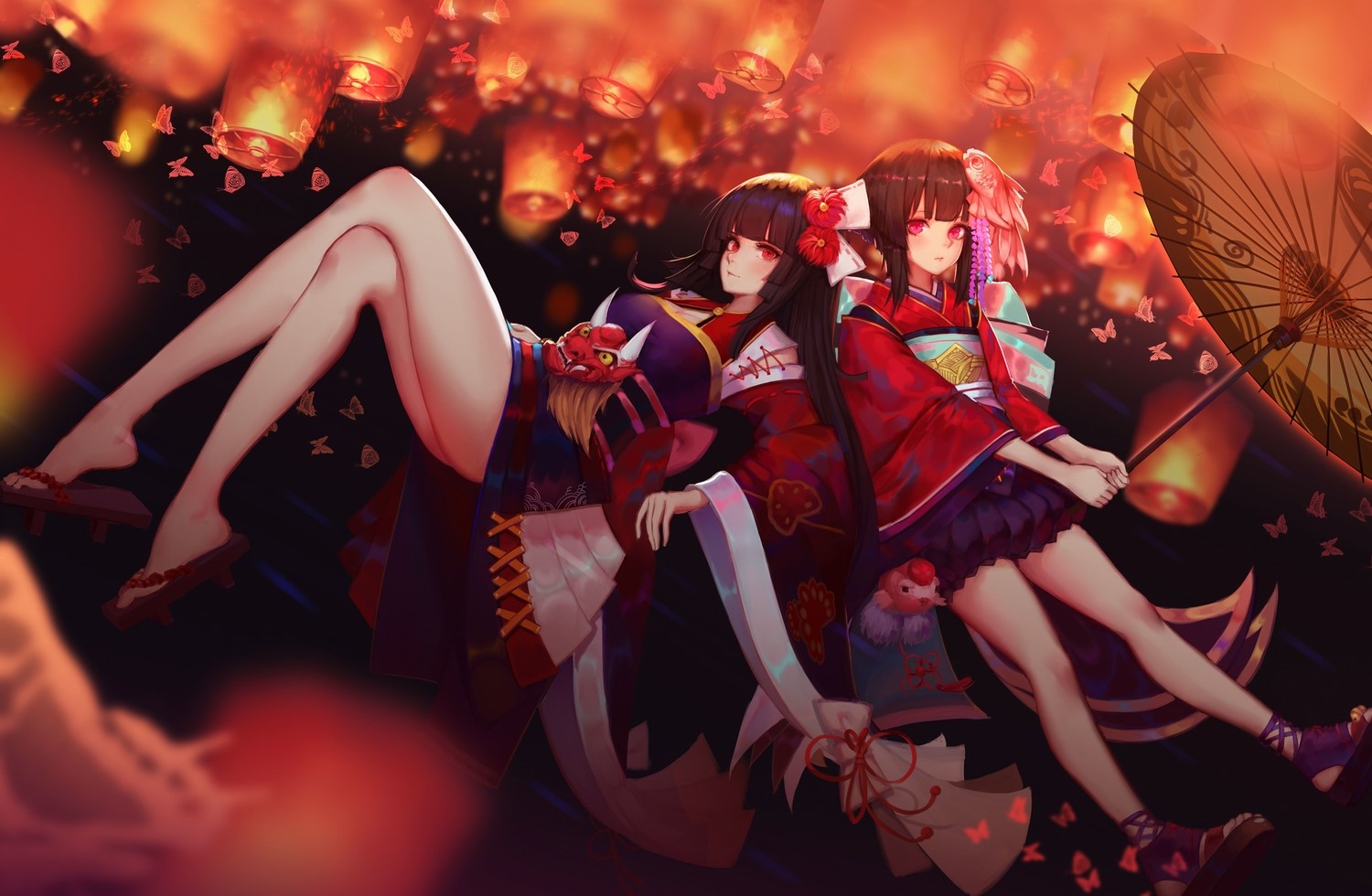 Onmyouji, Higanbana (Onmyouji), kagura (Onmyouji), anime, anime girls, legs, umbrella, red eyes, HD Wallpaper