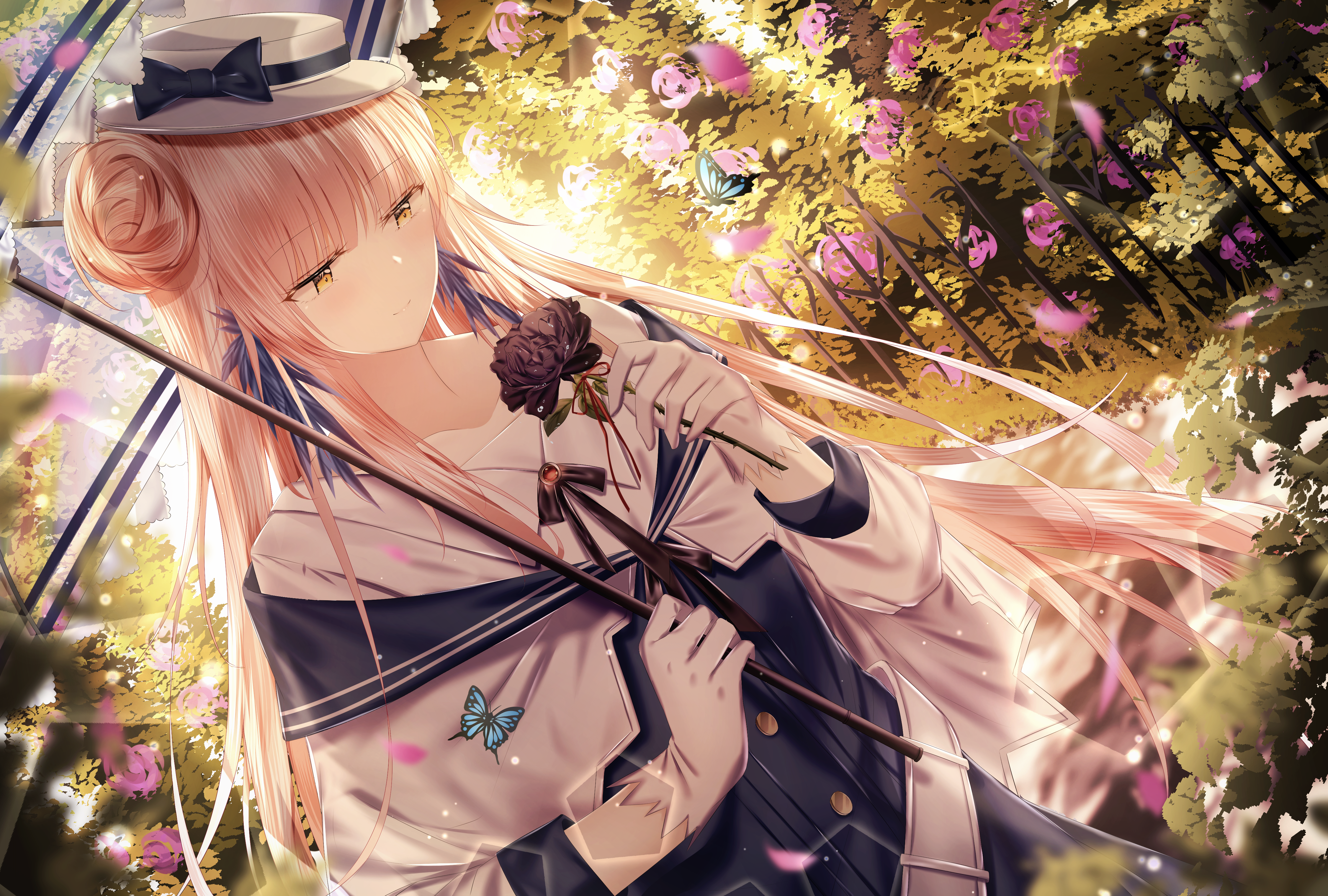 Arknights, anime girls, anime, blonde, long hair, women with hats, umbrella, smiling, dress, flowers, butterfly, backlighting, gloves, fan art, artwork, digital art, drawing, illustration, junpaku karen, Ceylon(Arknights), HD Wallpaper