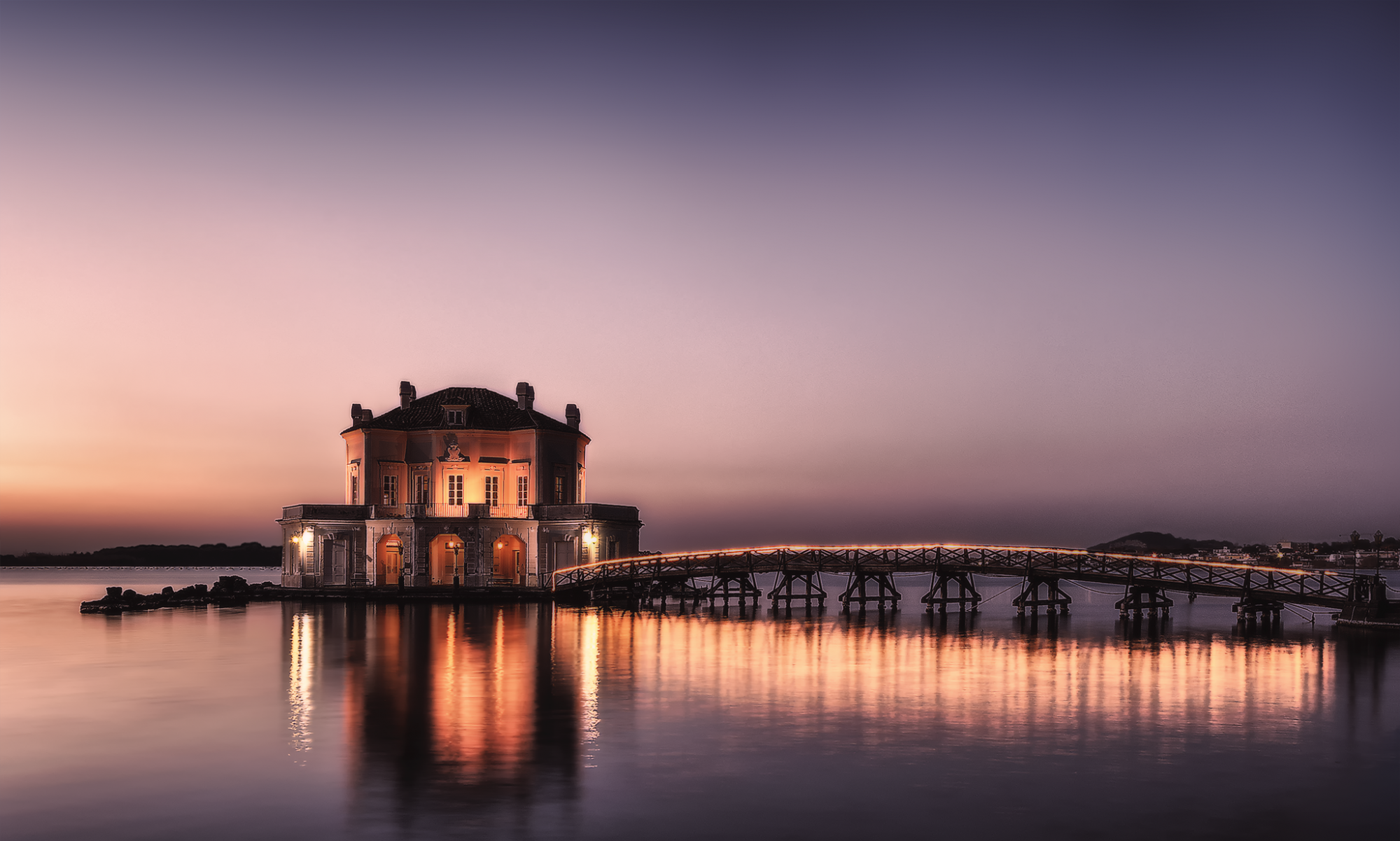 Naples, Campania, Italy, lights, bridge, Casina, lake Fusaro, lake, sunset, HD Wallpaper
