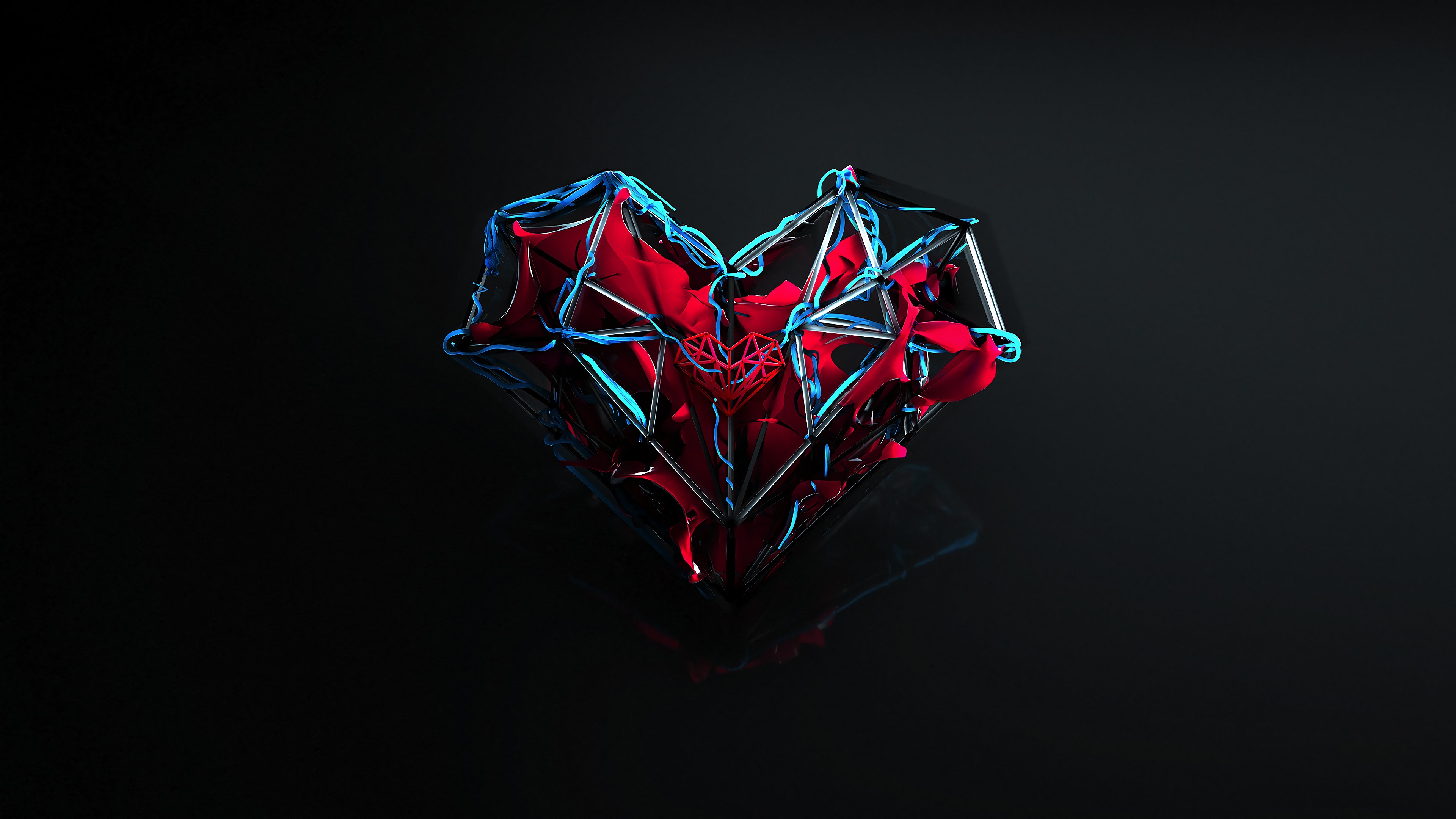 digital, digital art, artwork, illustration, abstract, heart, Heart (Design), dark background, black background, red, blue, electric, blue electric, lines, 3D Abstract, geometric figures, geometry, 3D, relfection, reflection, HD Wallpaper