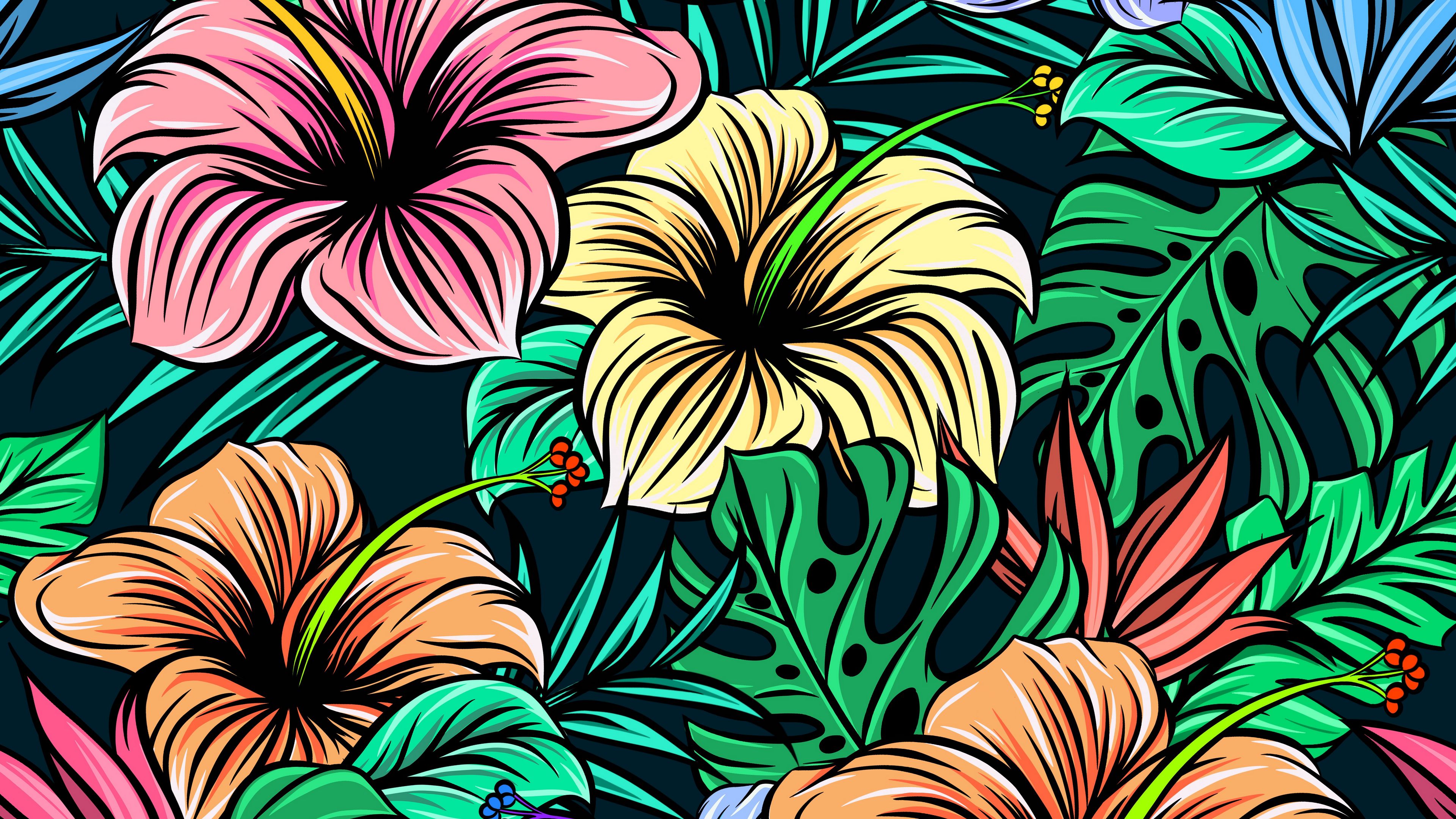 hibiscus, flowers, patterns, exotic, leaves, 4k, HD Wallpaper