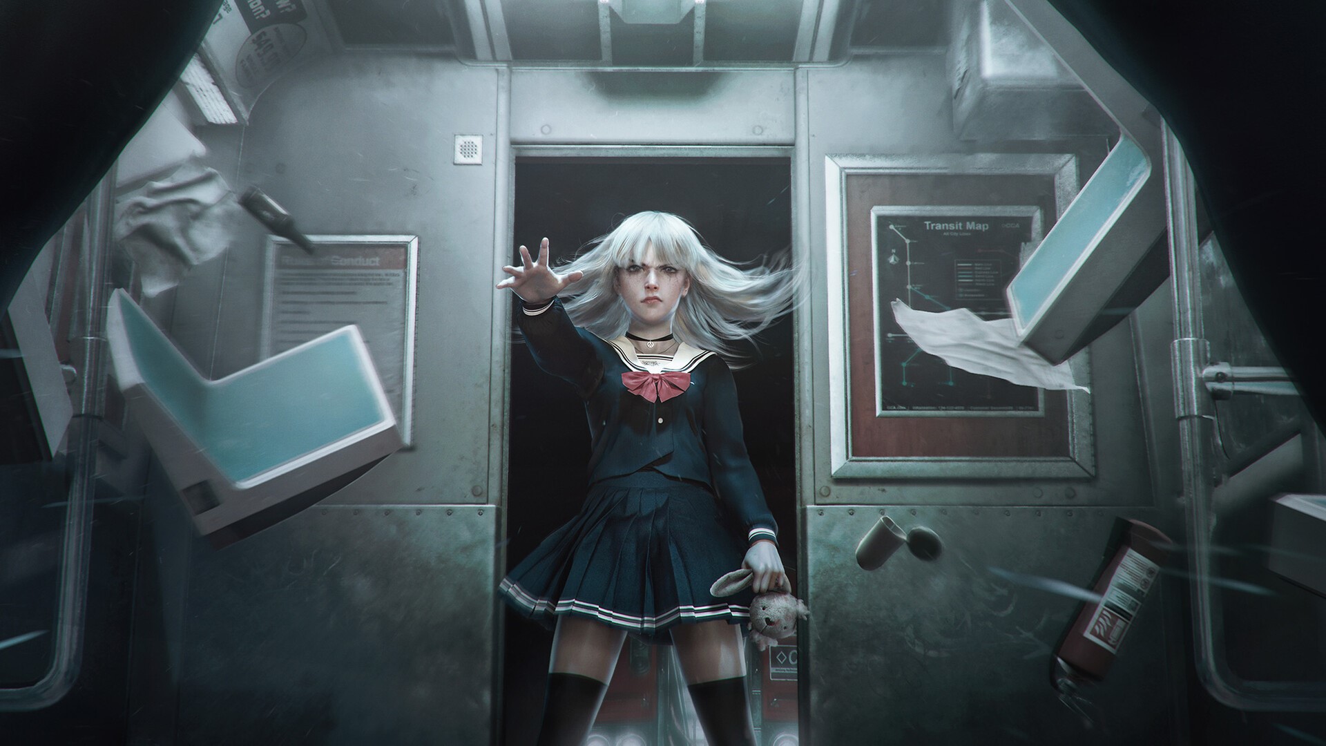 women, artwork, digital art, white hair, long hair, thigh-highs, choker, school uniform, train, destruction, HD Wallpaper
