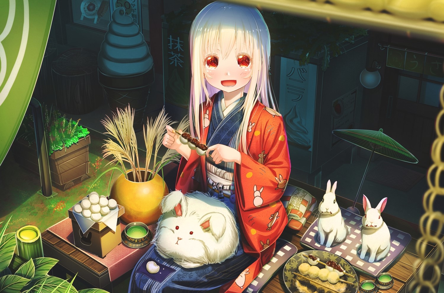 anime, kimono, white hair, red eyes, long hair, food, drink, Japanese clothes, HD Wallpaper