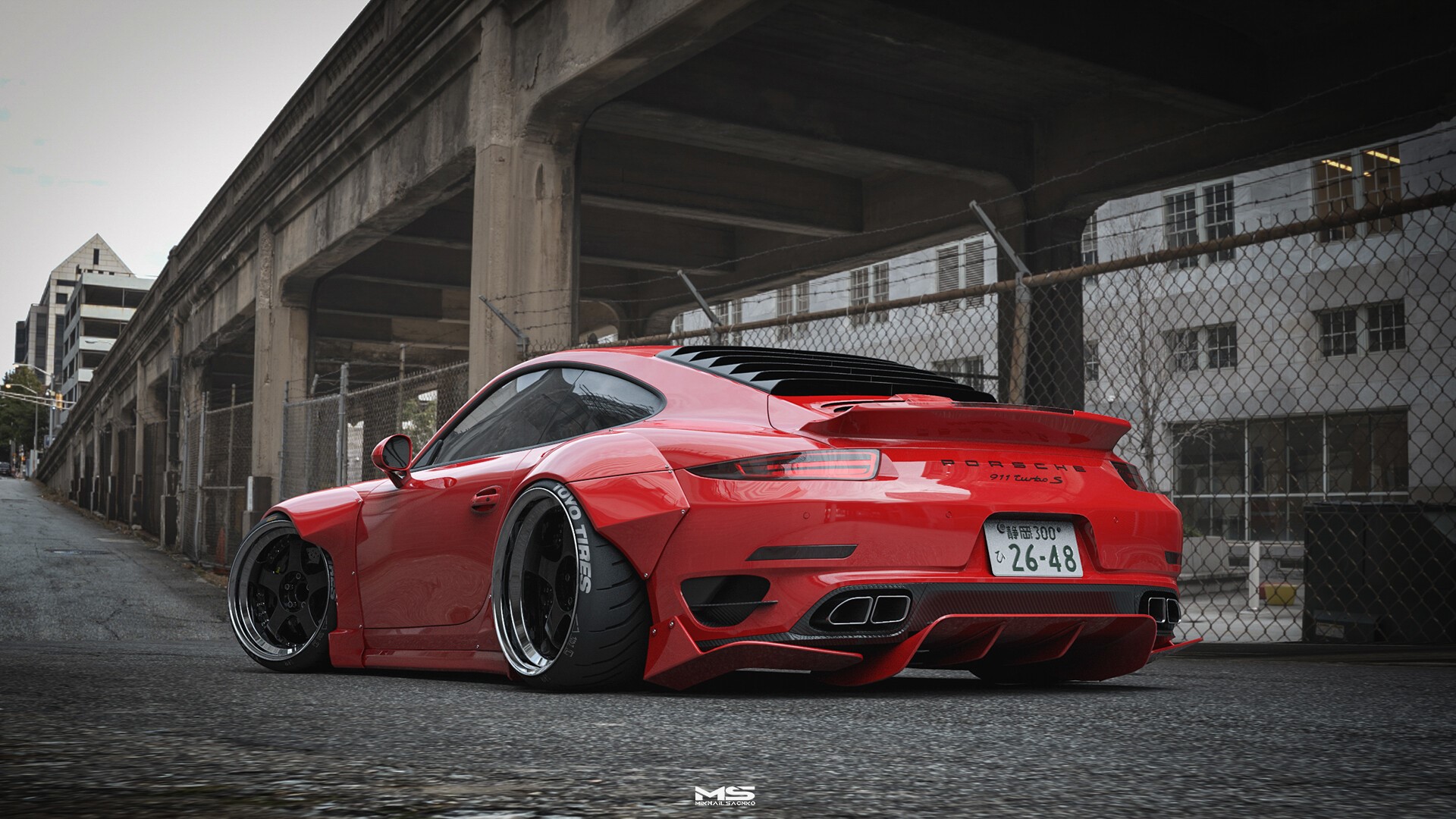 Porsche, German cars, car, vehicle, sports car, digital art, Porsche 911 Turbo S, Porsche 911, street, road, overpass, red cars, barbed wire fence, HD Wallpaper