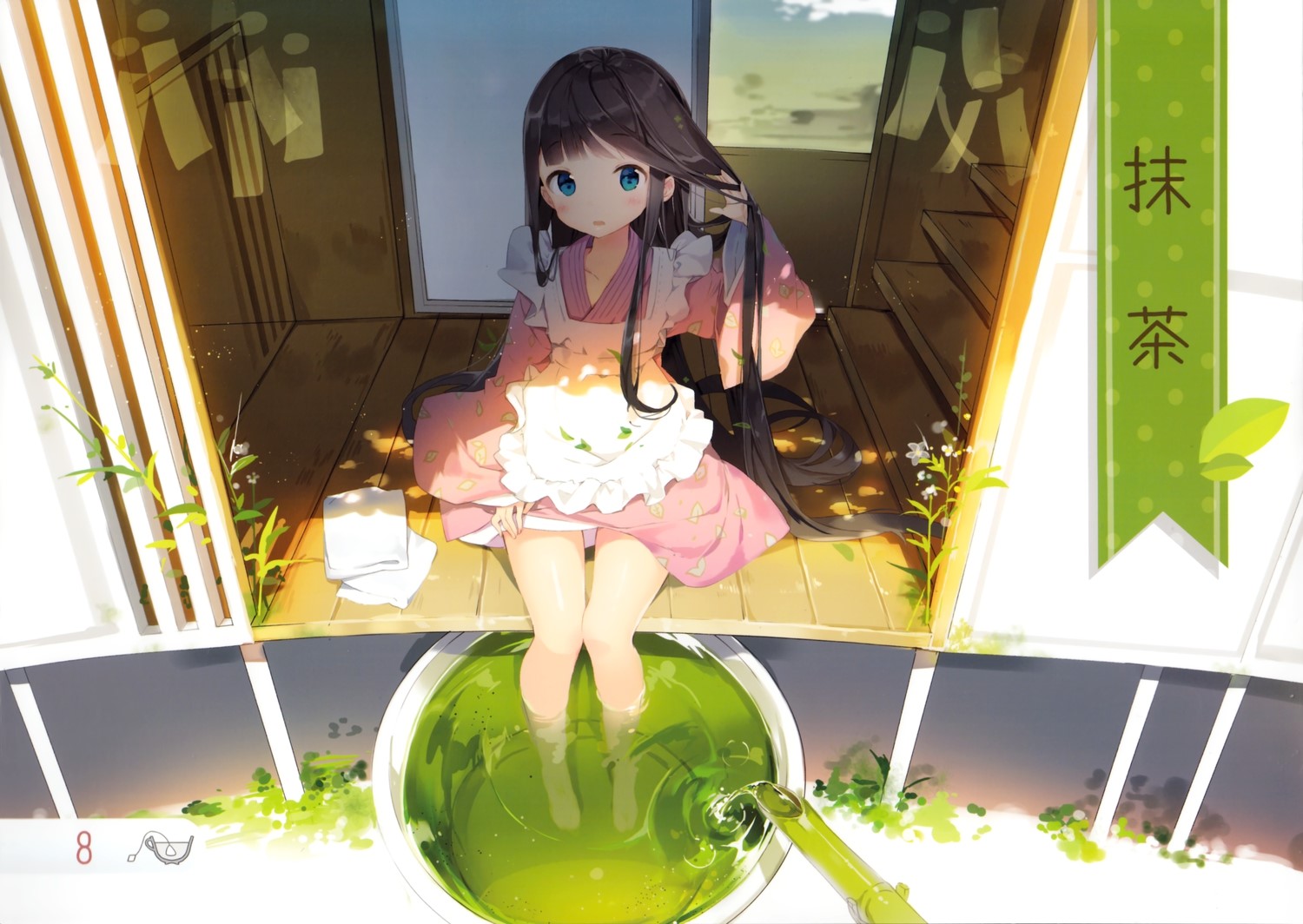 Anmi, scan, barefoot, black hair, blue eyes, blush, dress, flowers, long hair, water, wet, HD Wallpaper