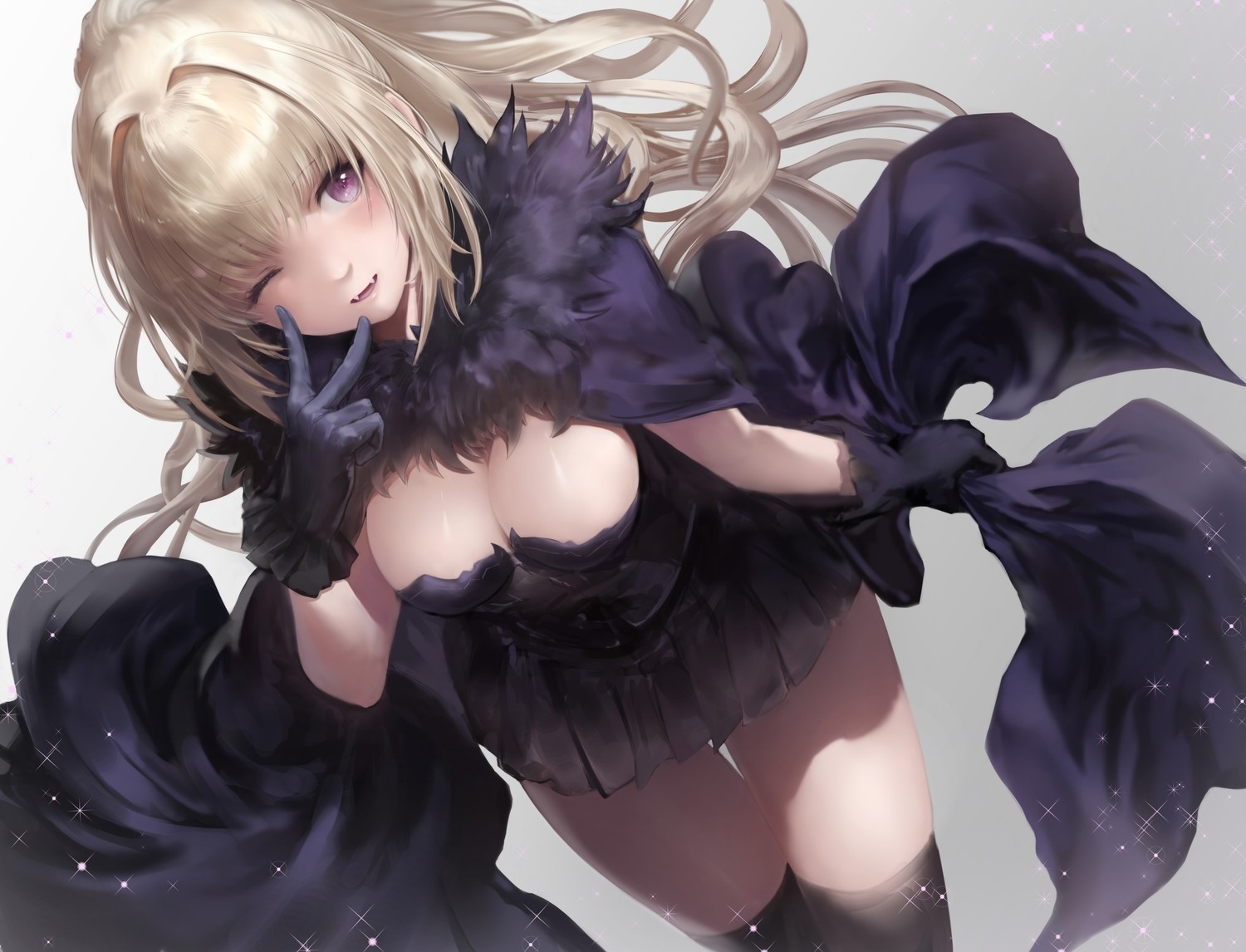 anime, cleavage, long hair, ponytail, purple eyes, dress, Fang, cape, gloves, wink, thigh-highs, HD Wallpaper