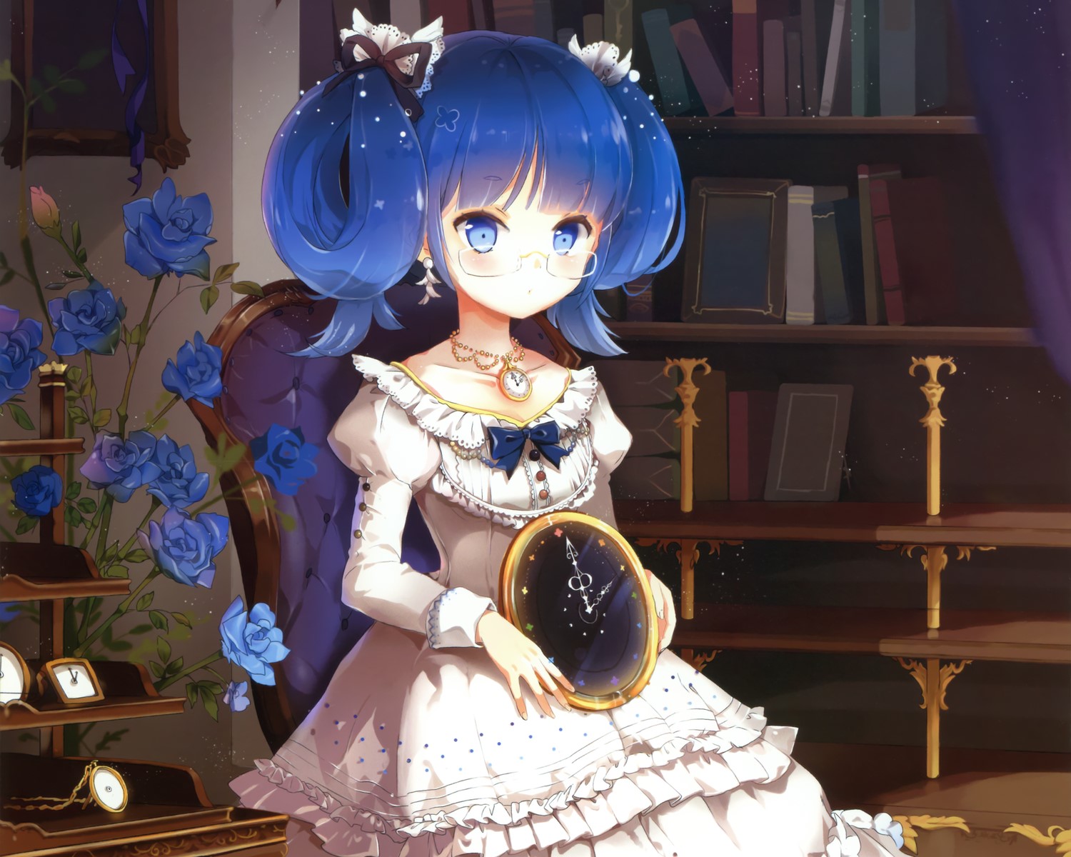 Anmi, scan, aqua eyes, flowers, rose, blue hair, glasses, twintails, HD Wallpaper