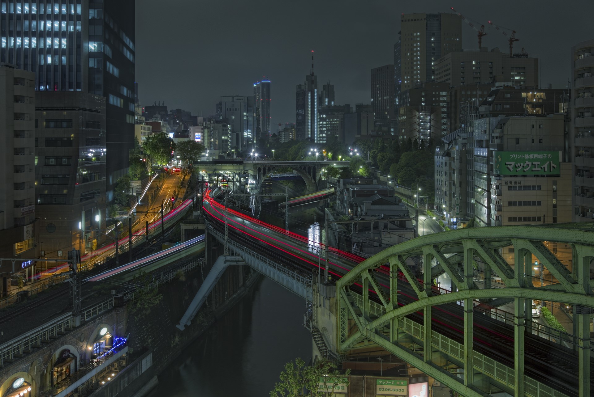 Japan, Tokyo, cityscape, canal, light trails, train, HD Wallpaper