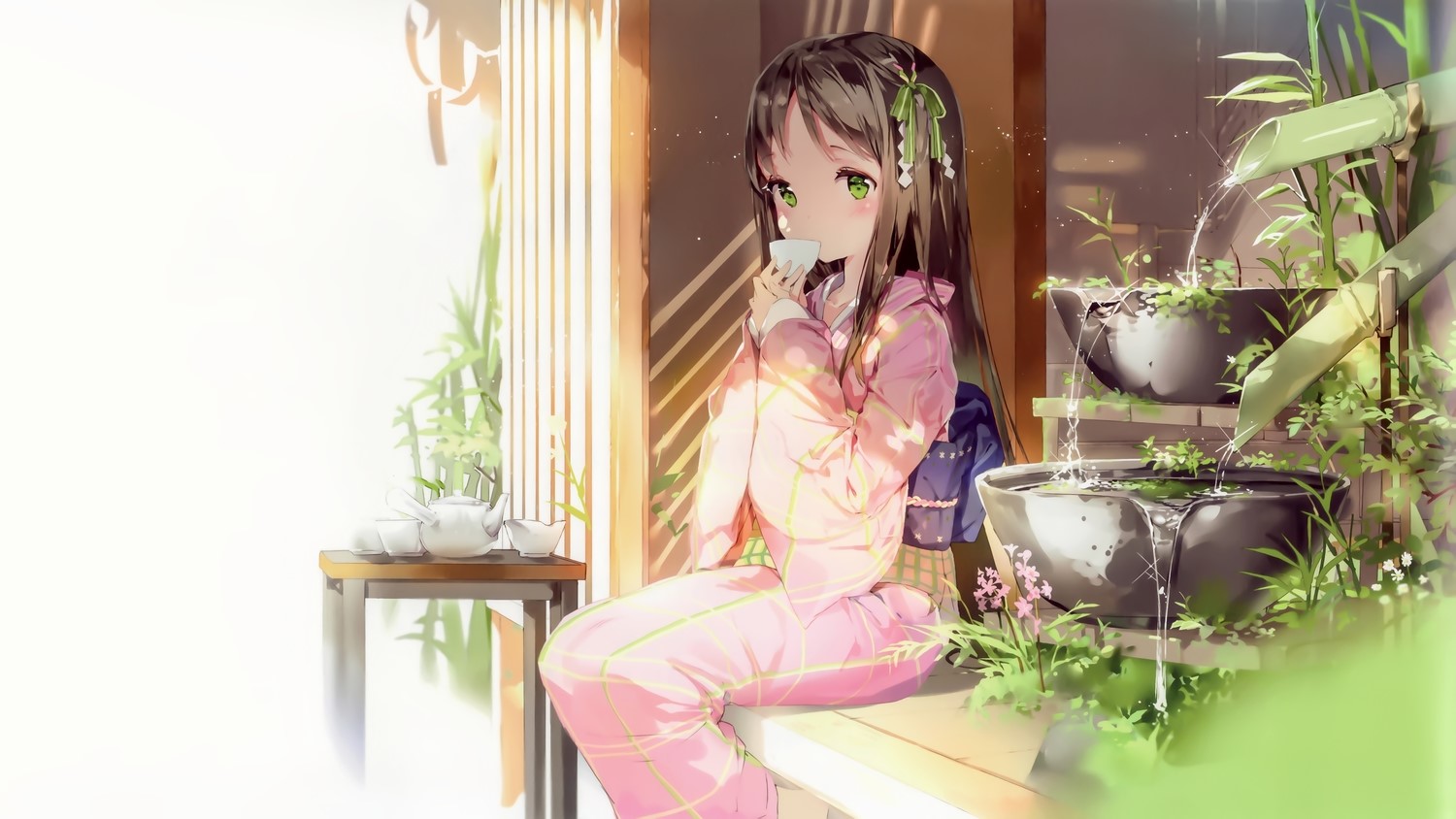 Anmi, kimono, green eyes, grass, flowers, blush, water, long hair, Japanese clothes, drink, HD Wallpaper