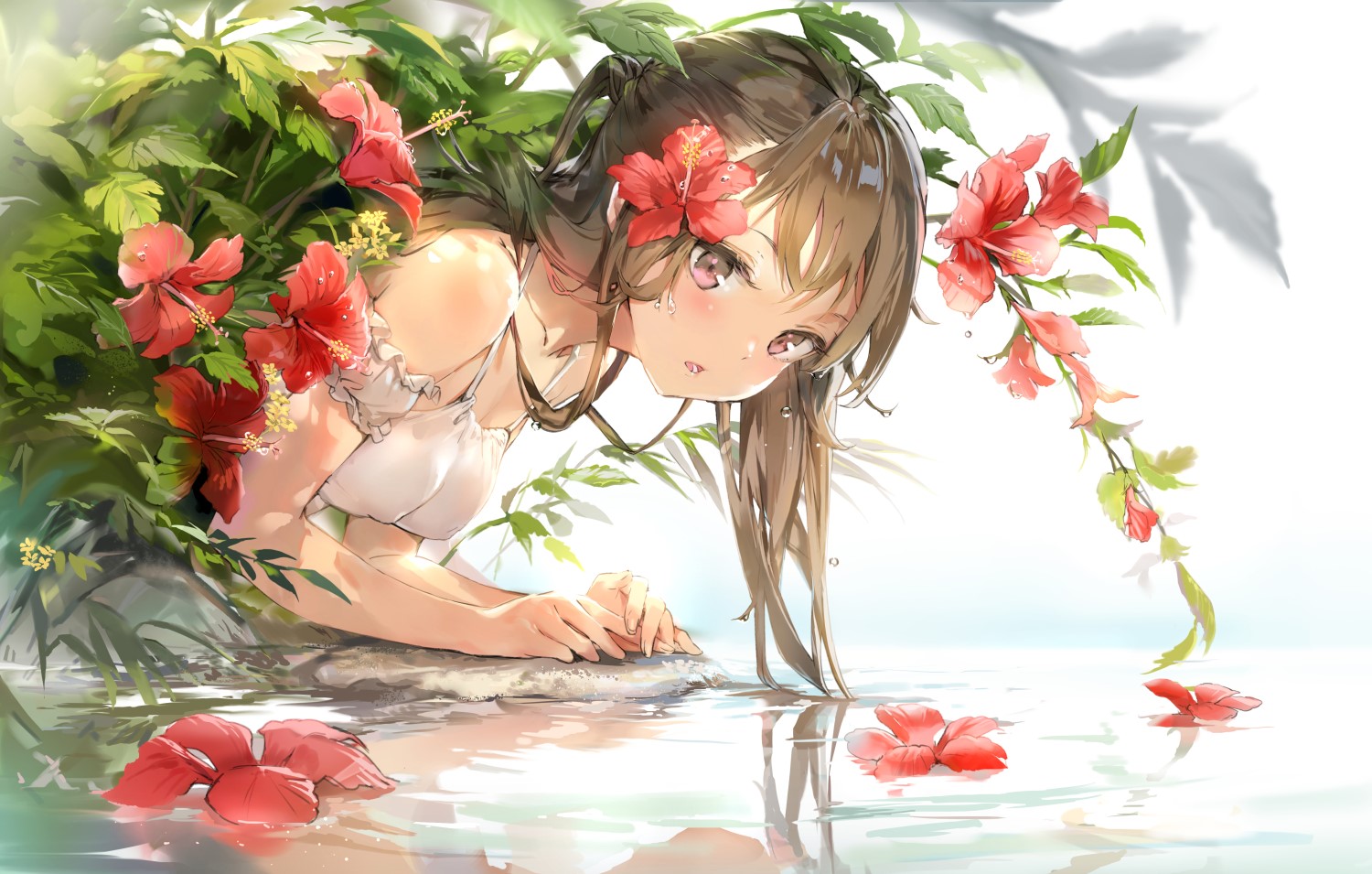 Anmi, water, flowers, long hair, pink eyes, ponytail, HD Wallpaper