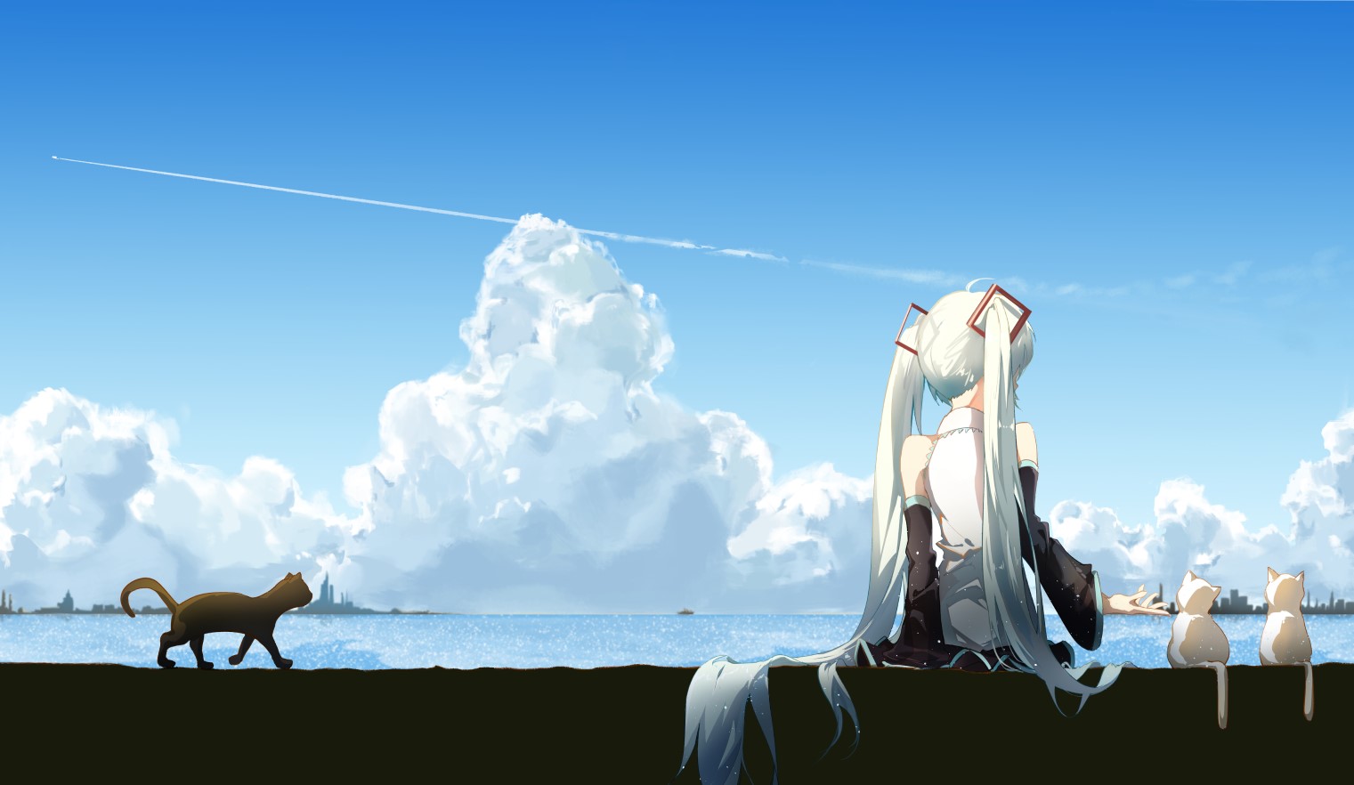 anime, anime girls, Vocaloid, Hatsune Miku, long hair, twintails, sky, clouds, cats, HD Wallpaper