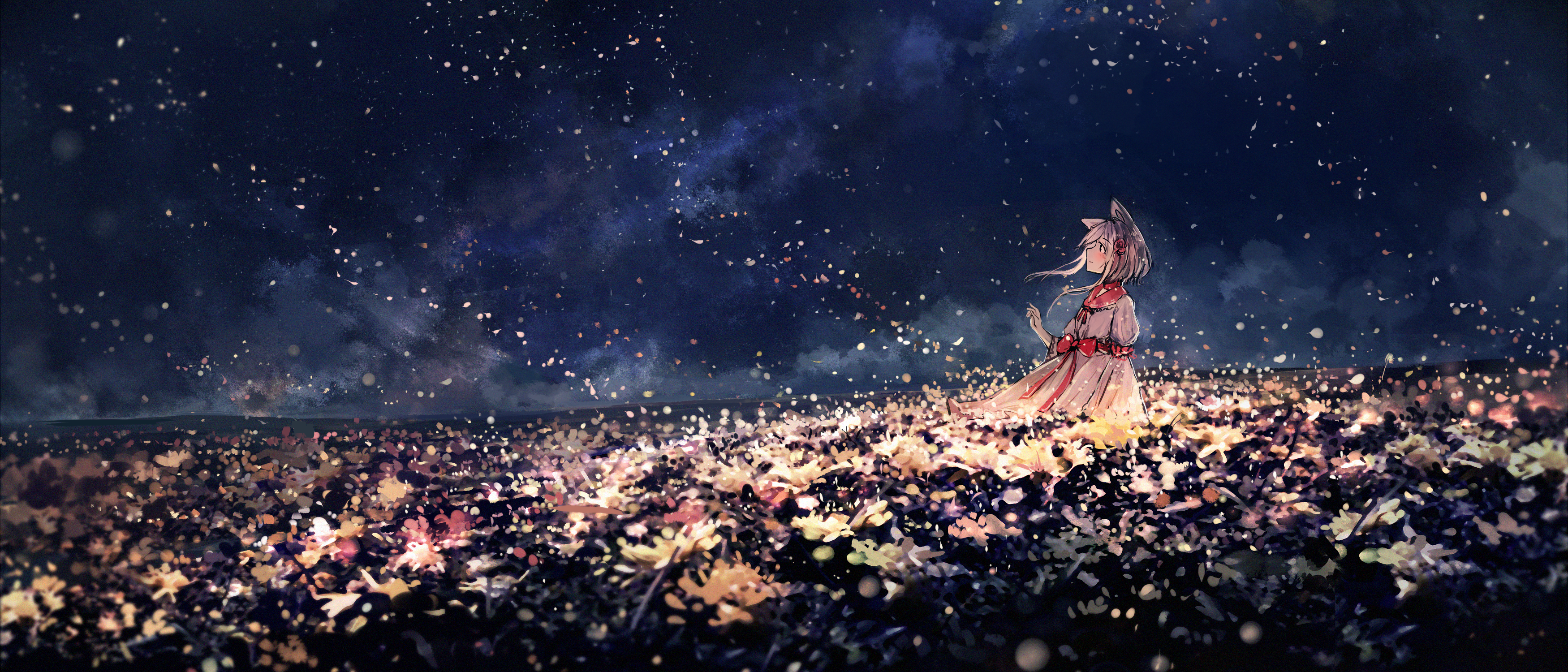 anime, anime girls, sky, clouds, night, flowers, white hair, animal ears, flower in hair, original characters, HD Wallpaper
