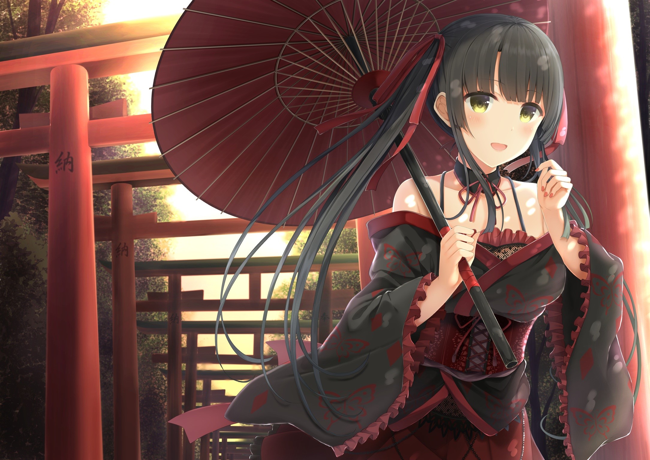 Comic Girls (Series), anime, torii, umbrella, forest, HD Wallpaper