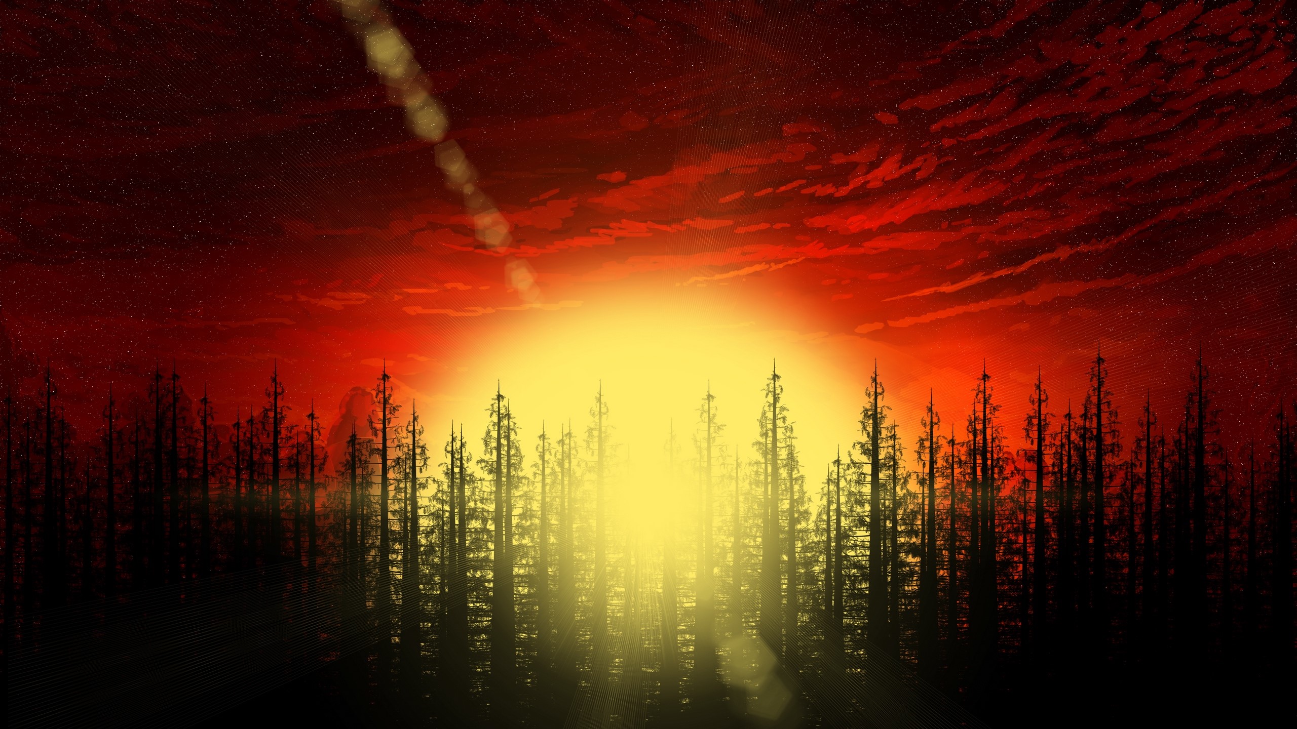 artwork, digital art, Sun, trees, forest, stars, HD Wallpaper