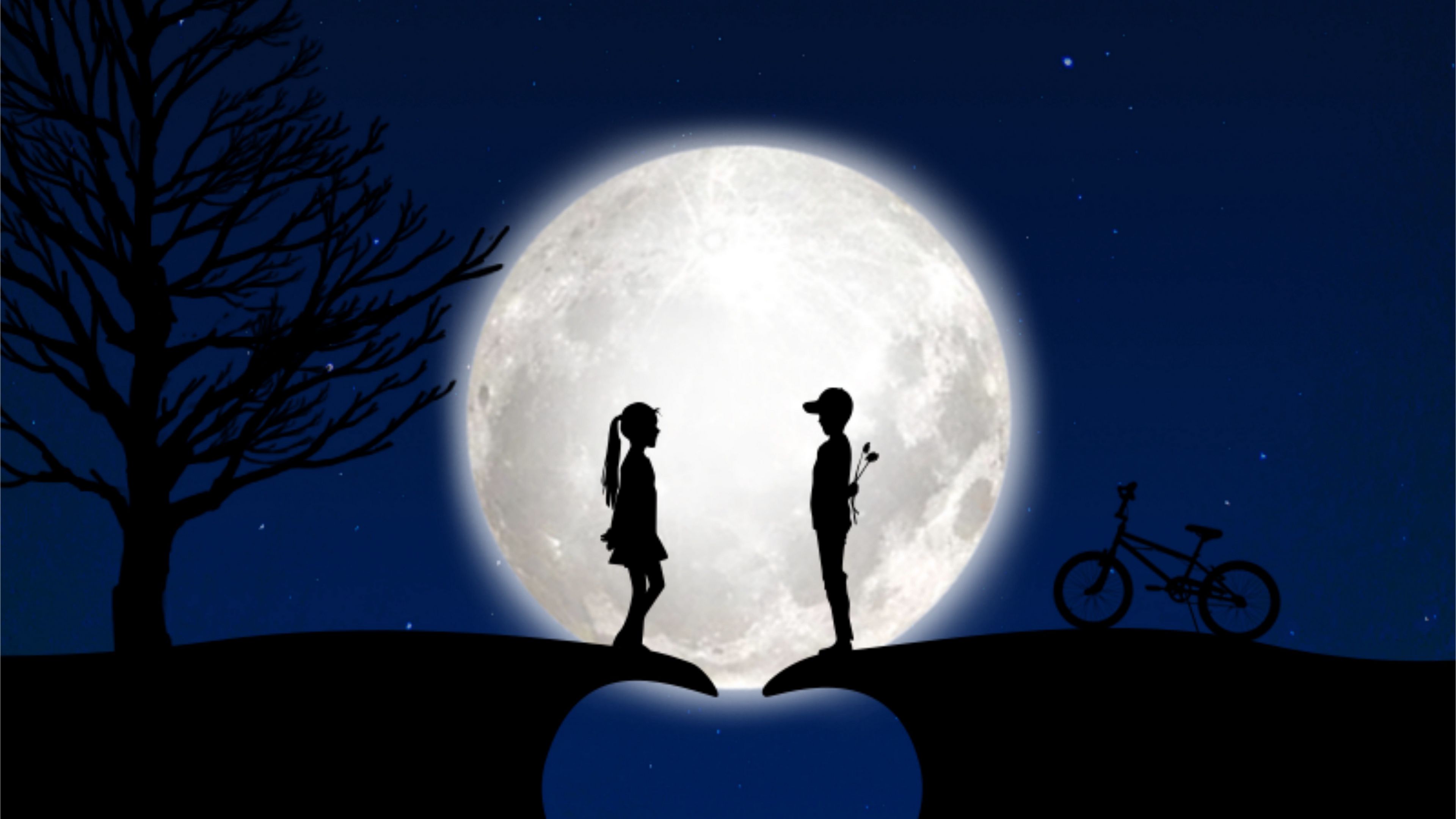 children, silhouettes, love, moon, romance, 4k, HD Wallpaper
