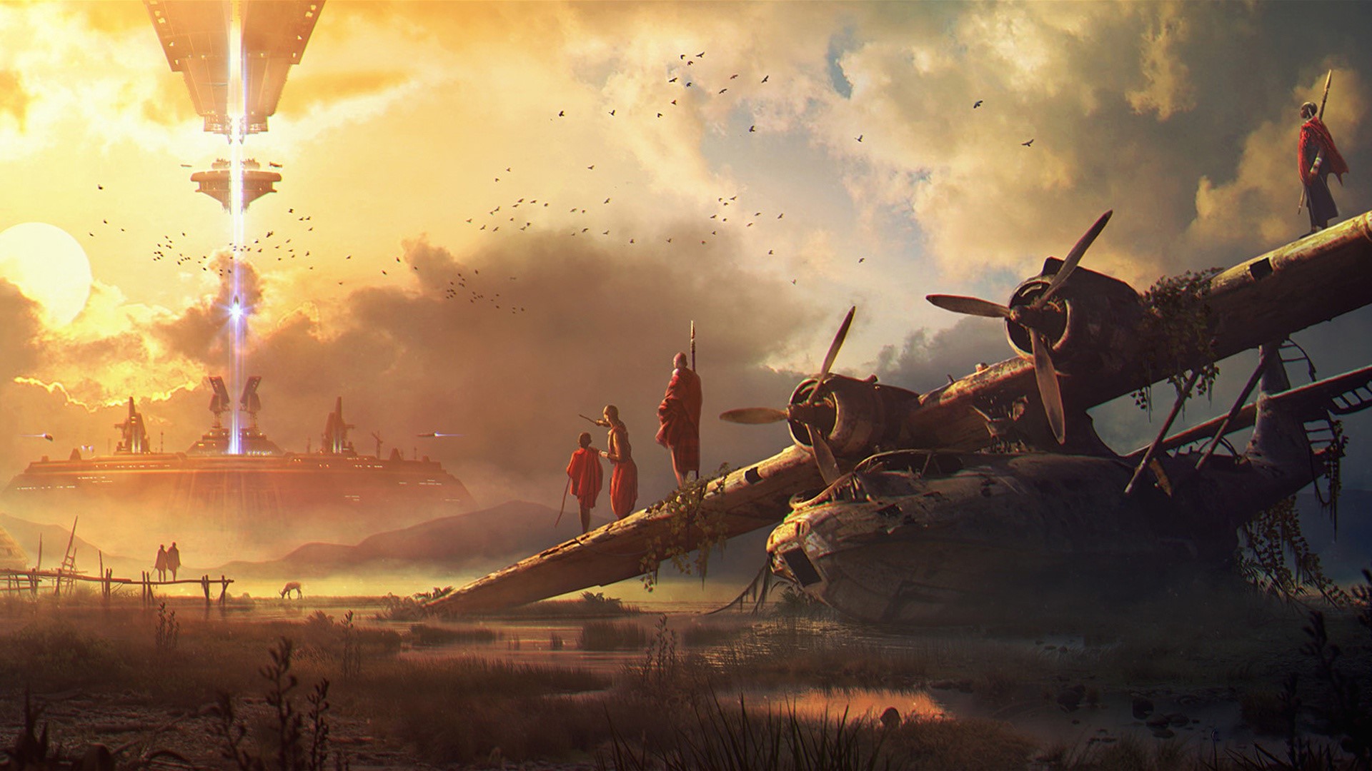 artwork, wreck, sky, aircraft, digital art, science fiction, HD Wallpaper